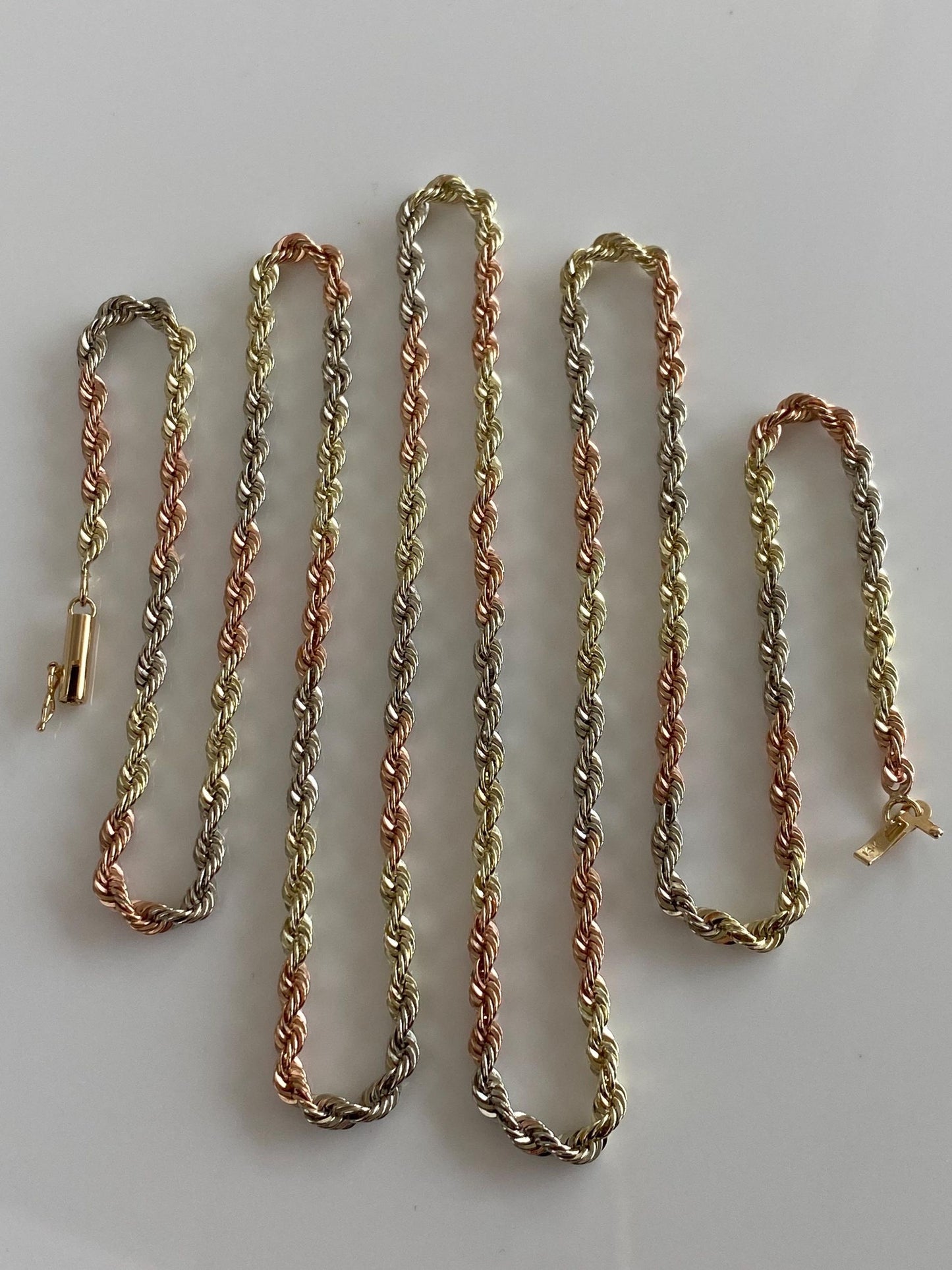 Vintage Solid 14k Tri Tone Gold Long Rope Chain Necklace - 32.25 inches