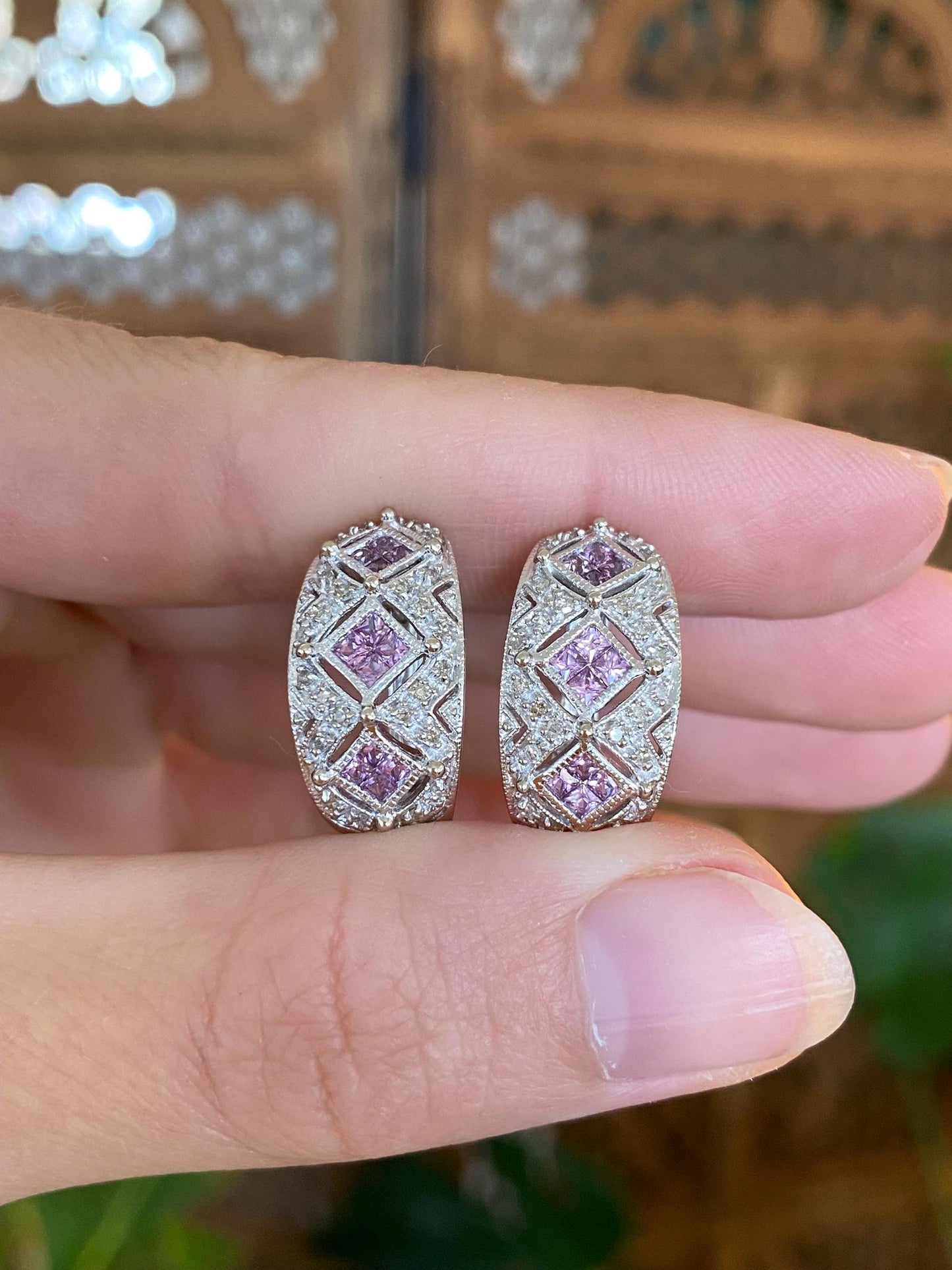 Vintage Solid 14k White Gold Clear & Pink Sapphire Drop Earrings