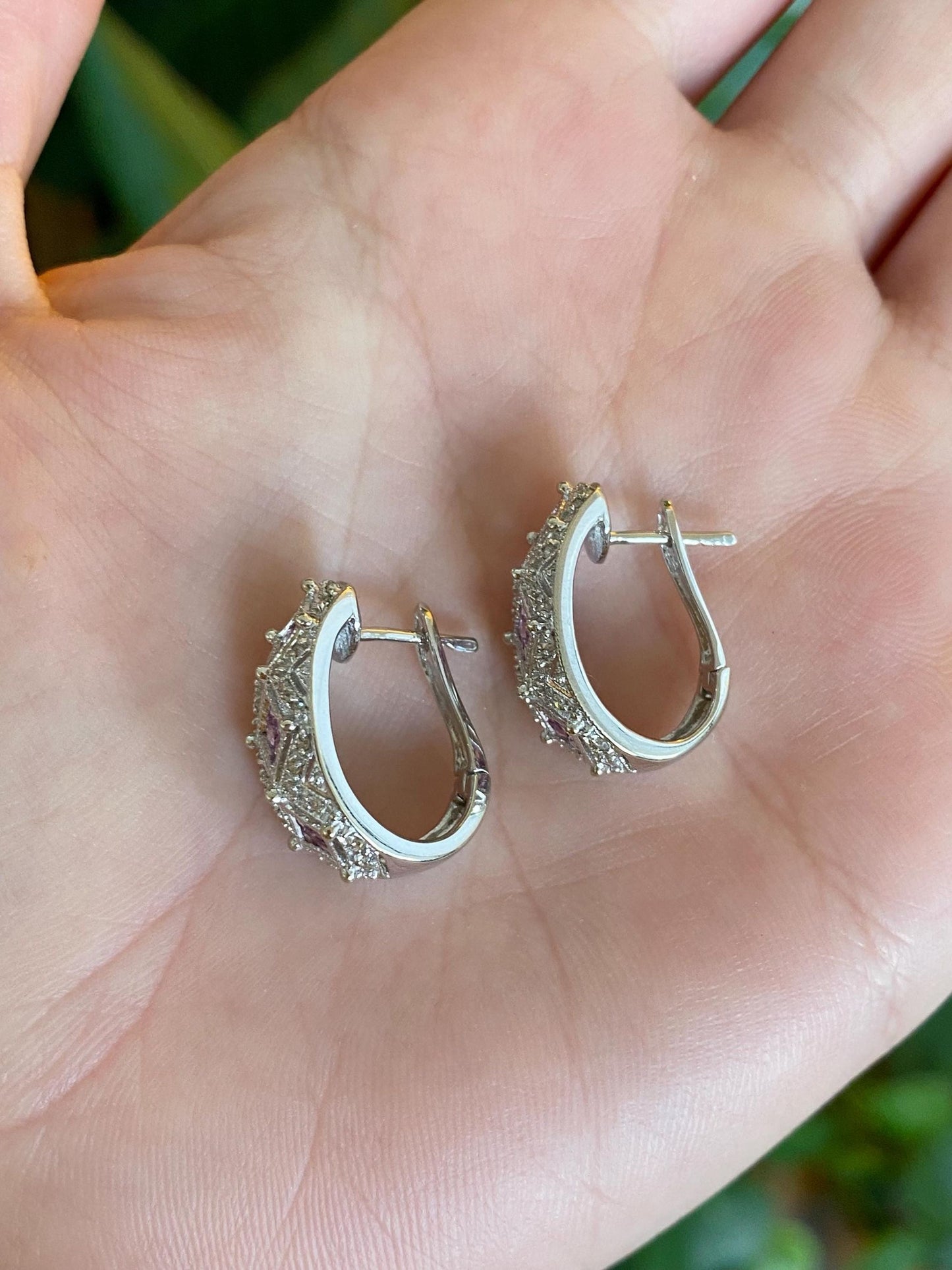 Vintage Solid 14k White Gold Clear & Pink Sapphire Drop Earrings