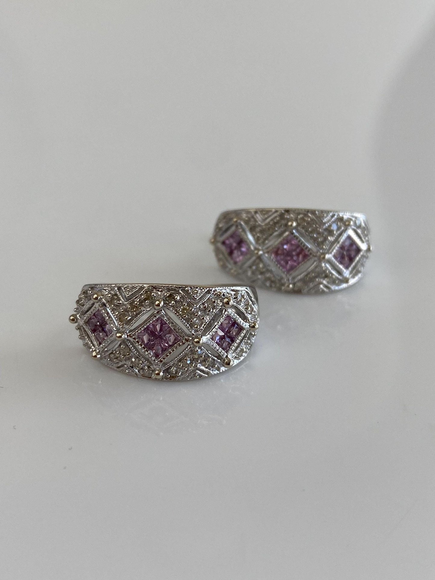 Vintage Solid 14k White Gold Clear & Pink Sapphire Drop Earrings