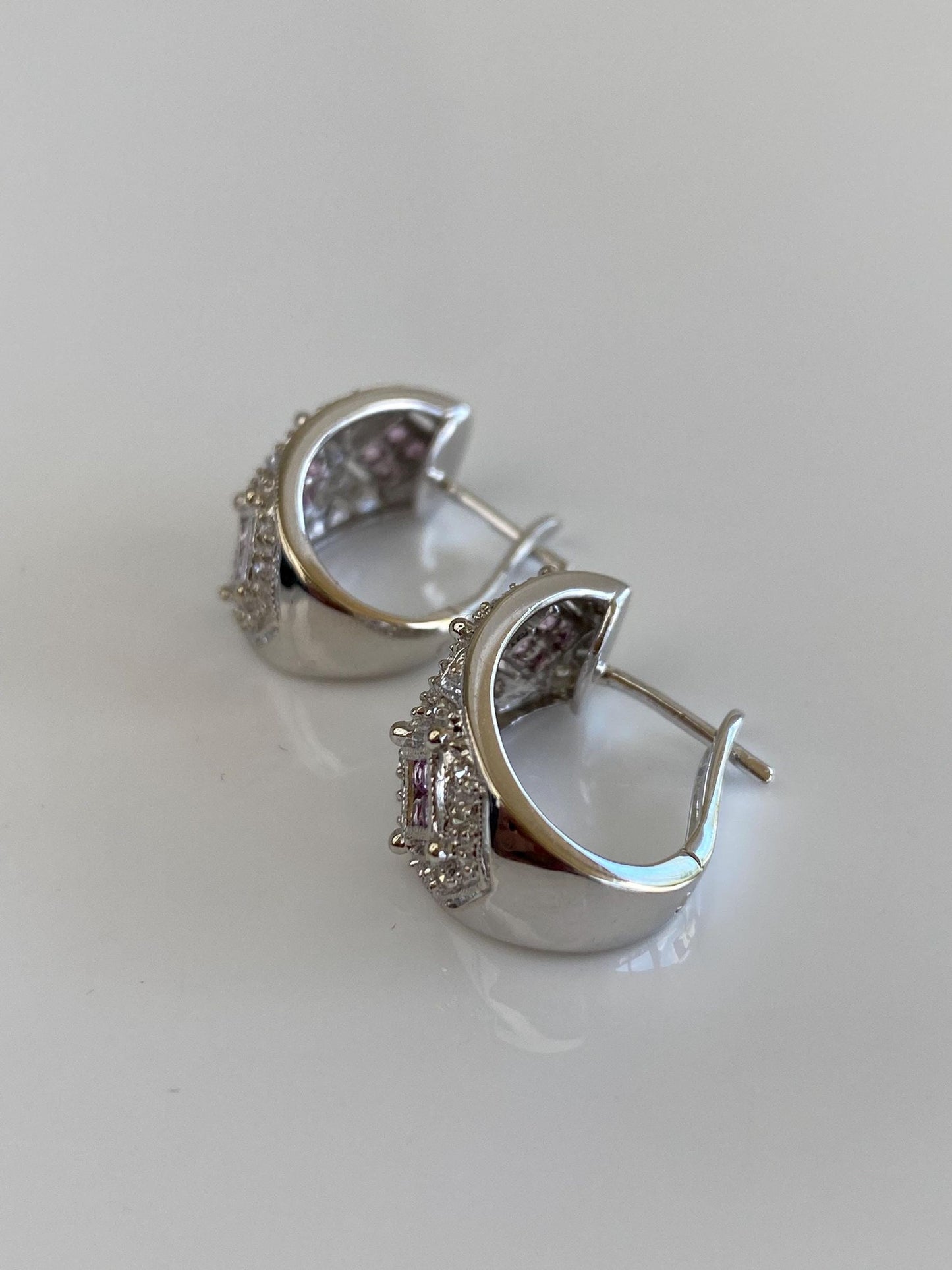 Vintage Solid 14k White Gold Clear & Pink Sapphire Drop Earrings