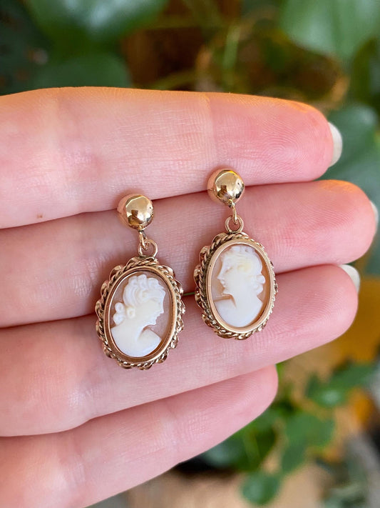 Vintage Solid 12k Yellow Gold Carved Coral Cameo Dangle Stud Earrings