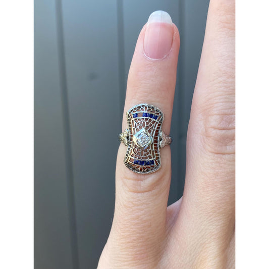 Vintage Solid 18k White Gold Diamond Blue Spinel Art Deco Ring - Size 1