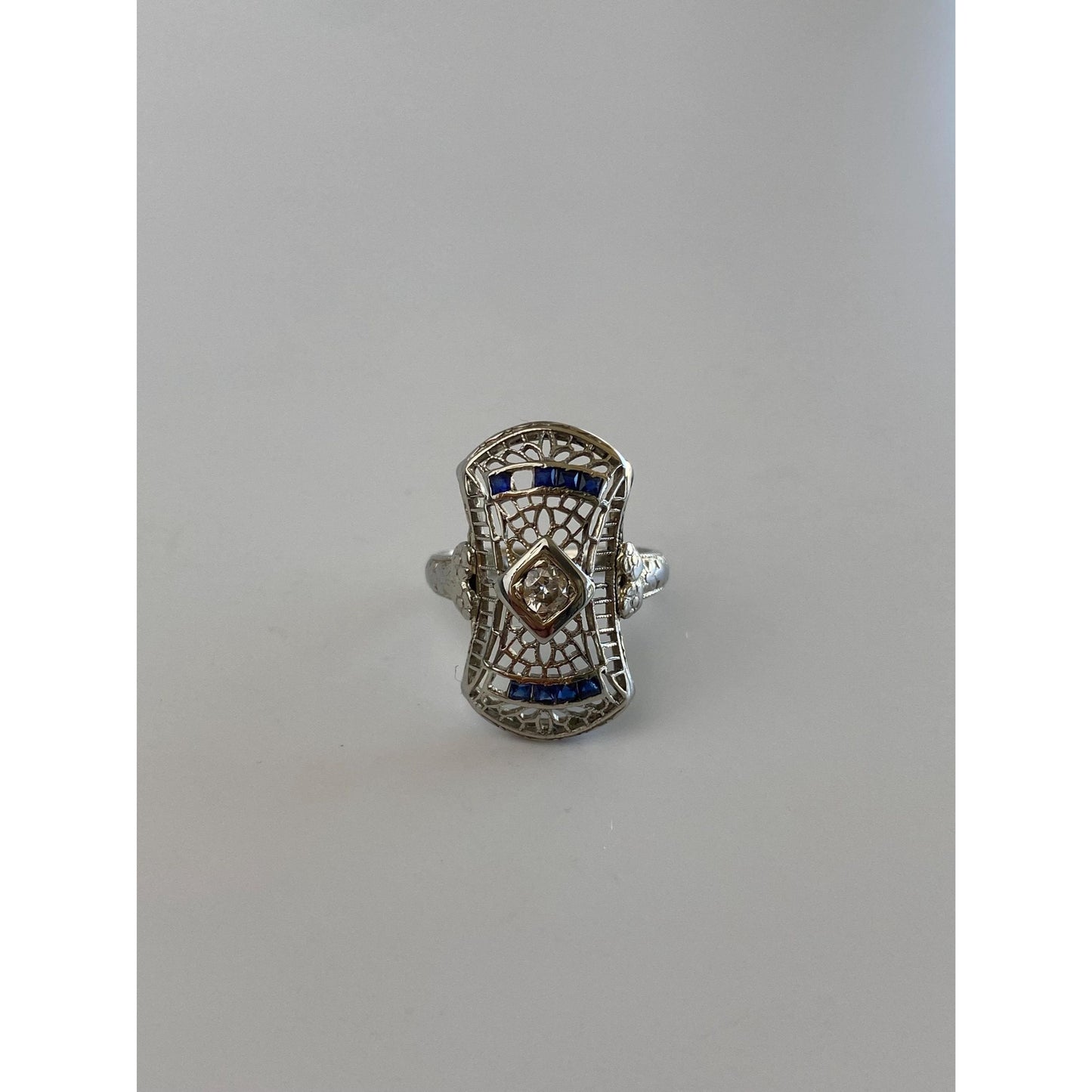 Vintage Solid 18k White Gold Diamond Blue Spinel Art Deco Ring - Size 1