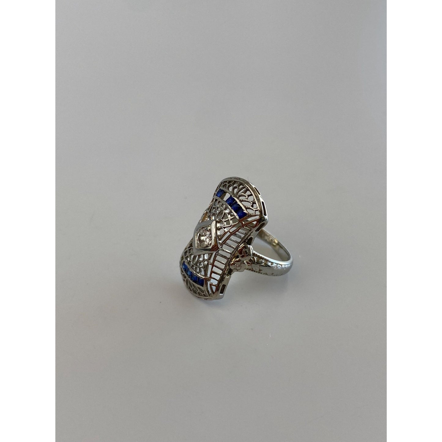 Vintage Solid 18k White Gold Diamond Blue Spinel Art Deco Ring - Size 1