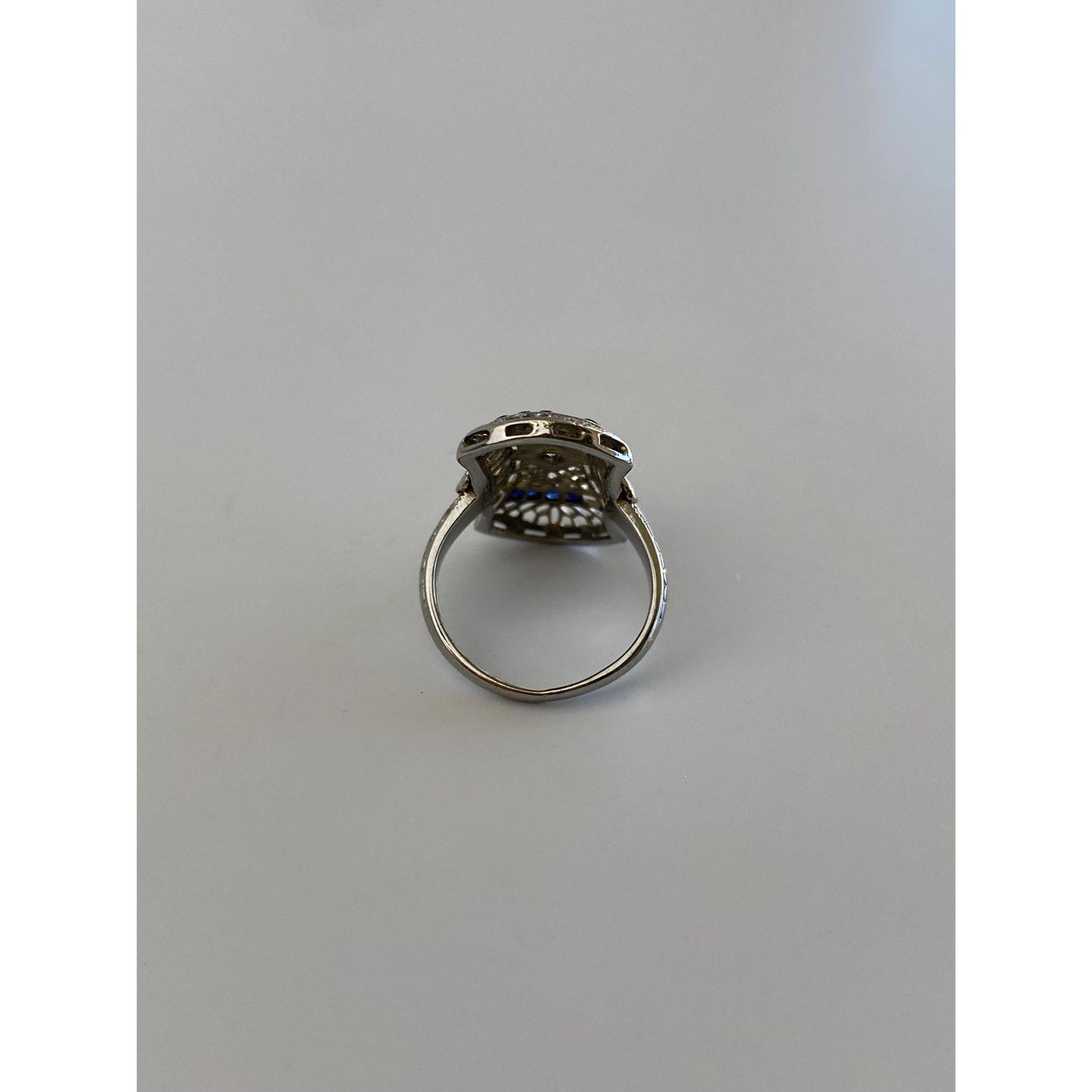 Vintage Solid 18k White Gold Diamond Blue Spinel Art Deco Ring - Size 1