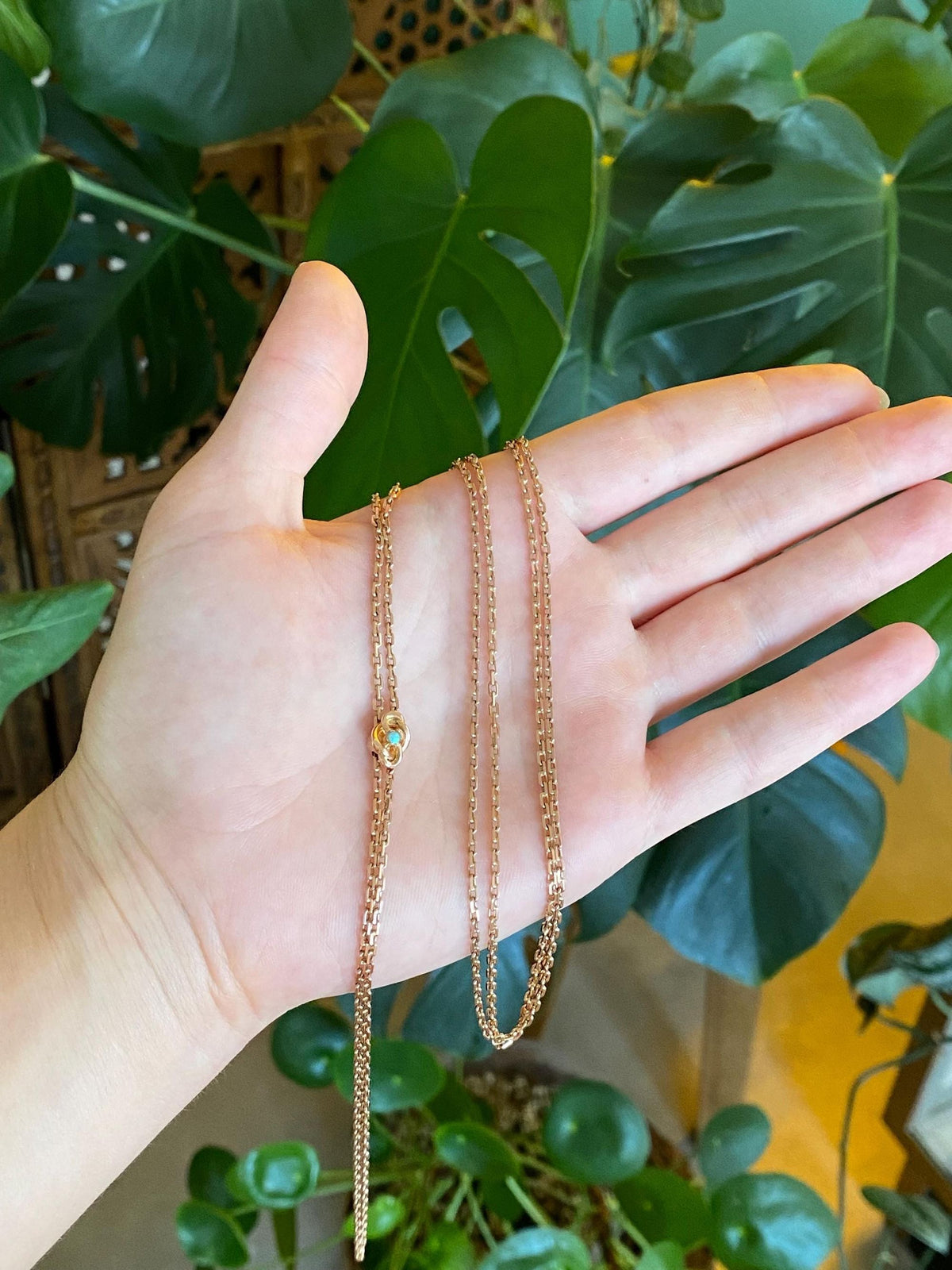 Solid 8k Rose Gold Opal Biker Link Slide Lariat Chain Necklace - 48 inches