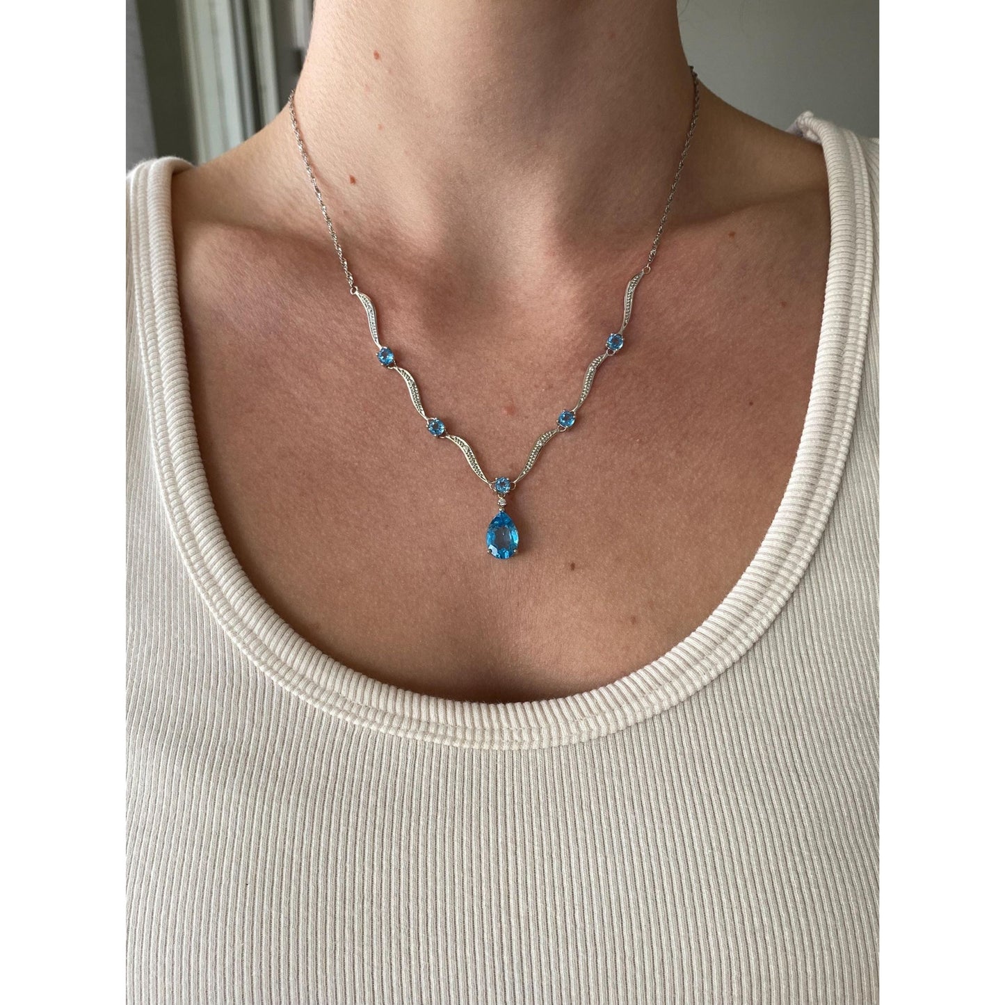 Vintage Solid 14k White Gold Diamond Topaz Twist Chain Necklace - 16.75 inches