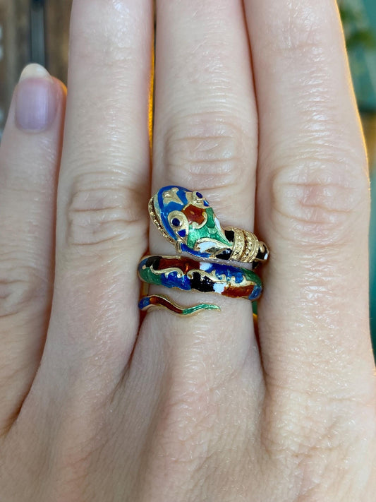 Vintage Solid 14k Yellow Gold Enamel Snake Wrap Ring - Size 6