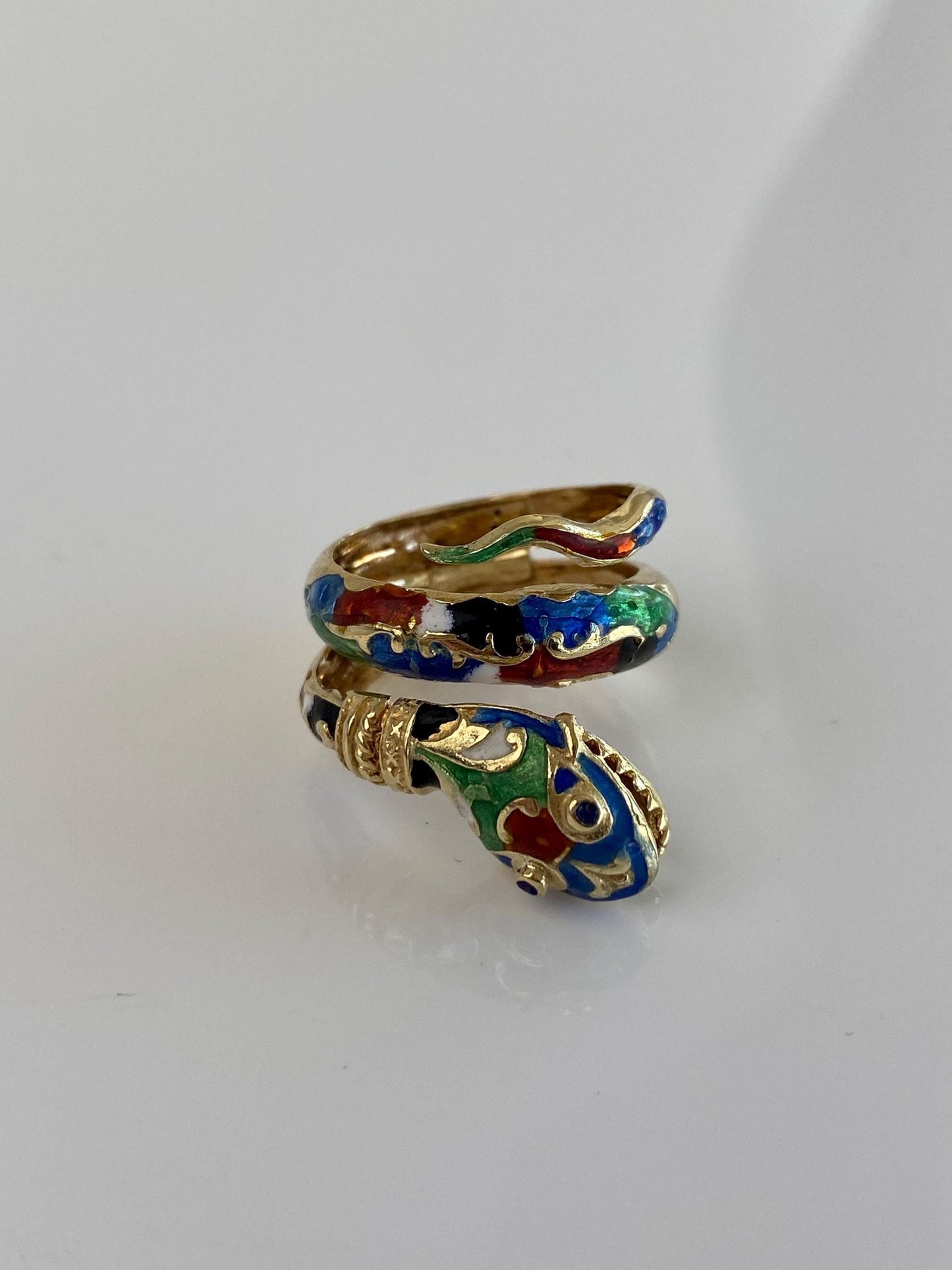 Vintage Solid 14k Yellow Gold Enamel Snake Wrap Ring - Size 6