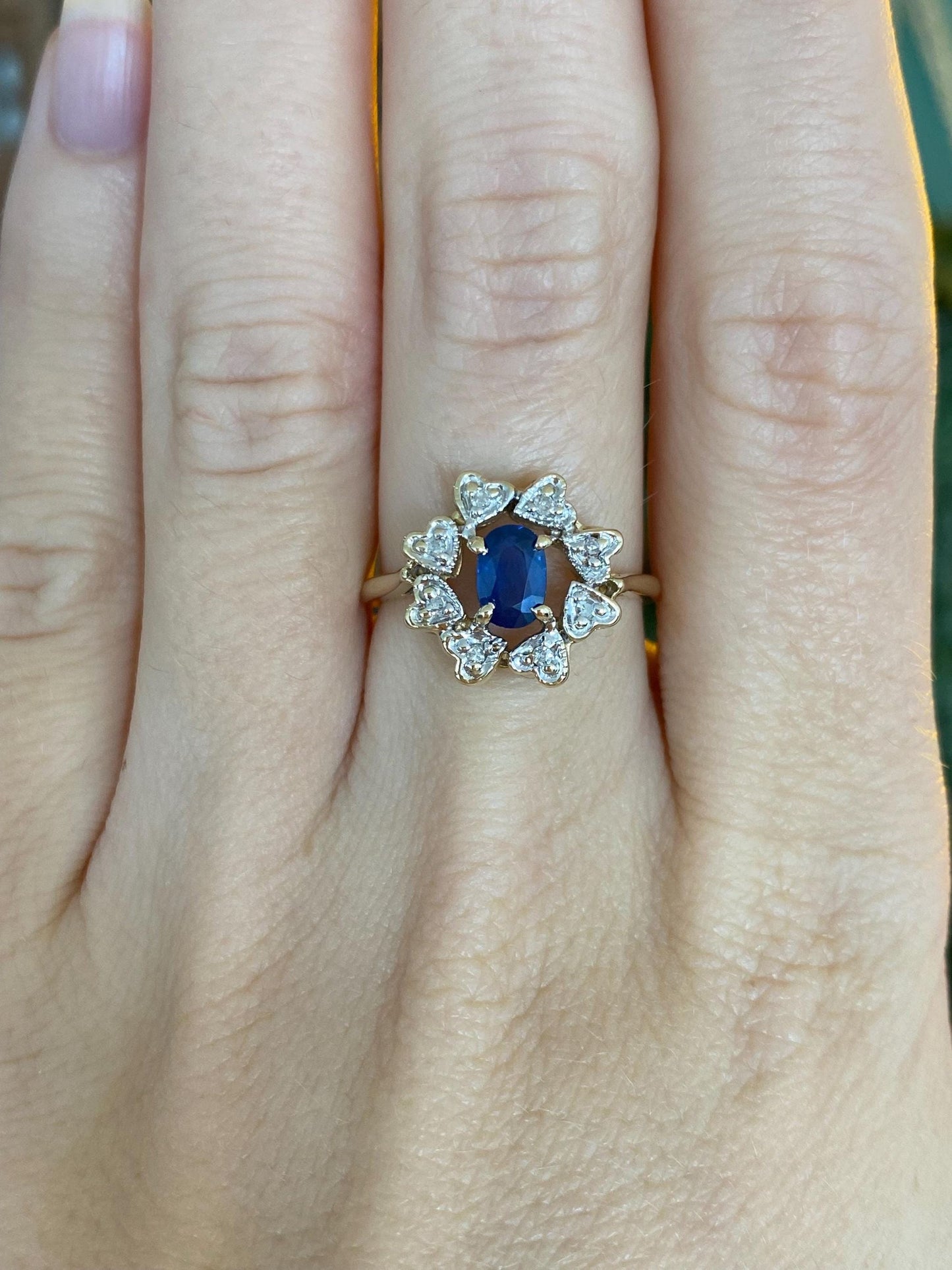 Vintage Solid 14k White & Yellow Gold Diamond Halo Blue Sapphire Ring - Size 6.75