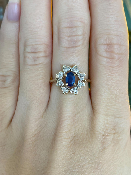 Vintage Solid 14k White & Yellow Gold Diamond Halo Blue Sapphire Ring - Size 6.75