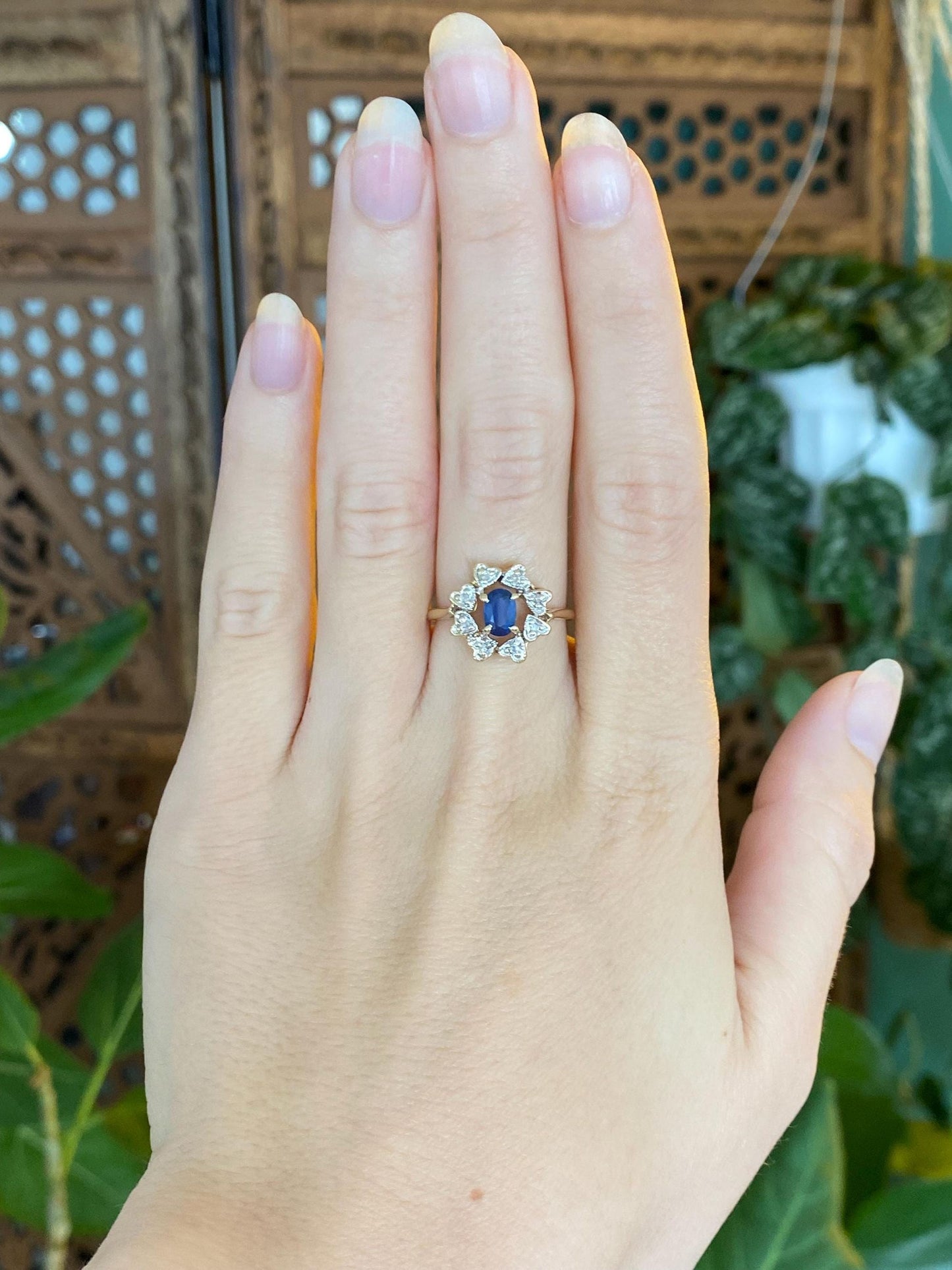 Vintage Solid 14k White & Yellow Gold Diamond Halo Blue Sapphire Ring - Size 6.75