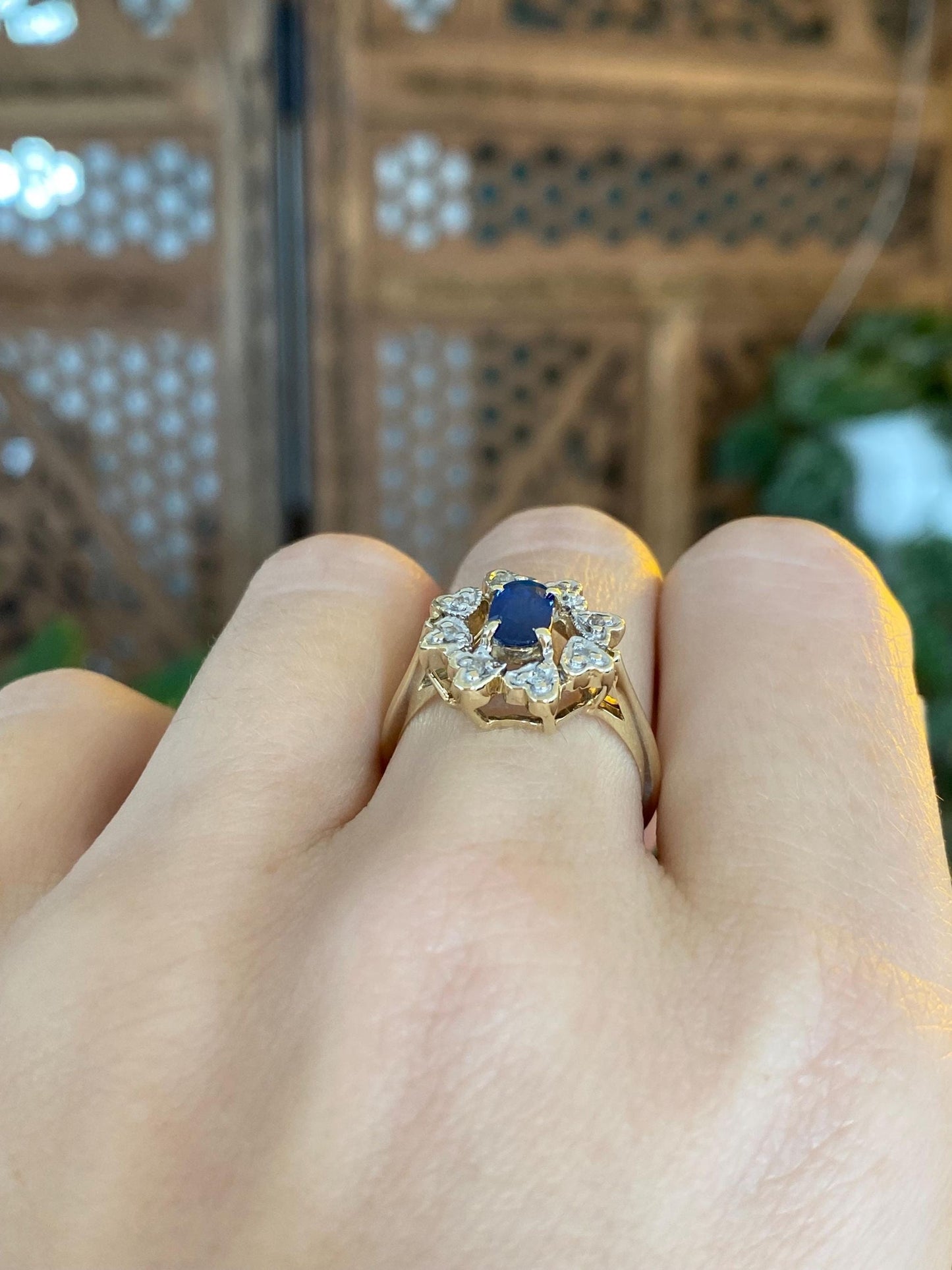 Vintage Solid 14k White & Yellow Gold Diamond Halo Blue Sapphire Ring - Size 6.75