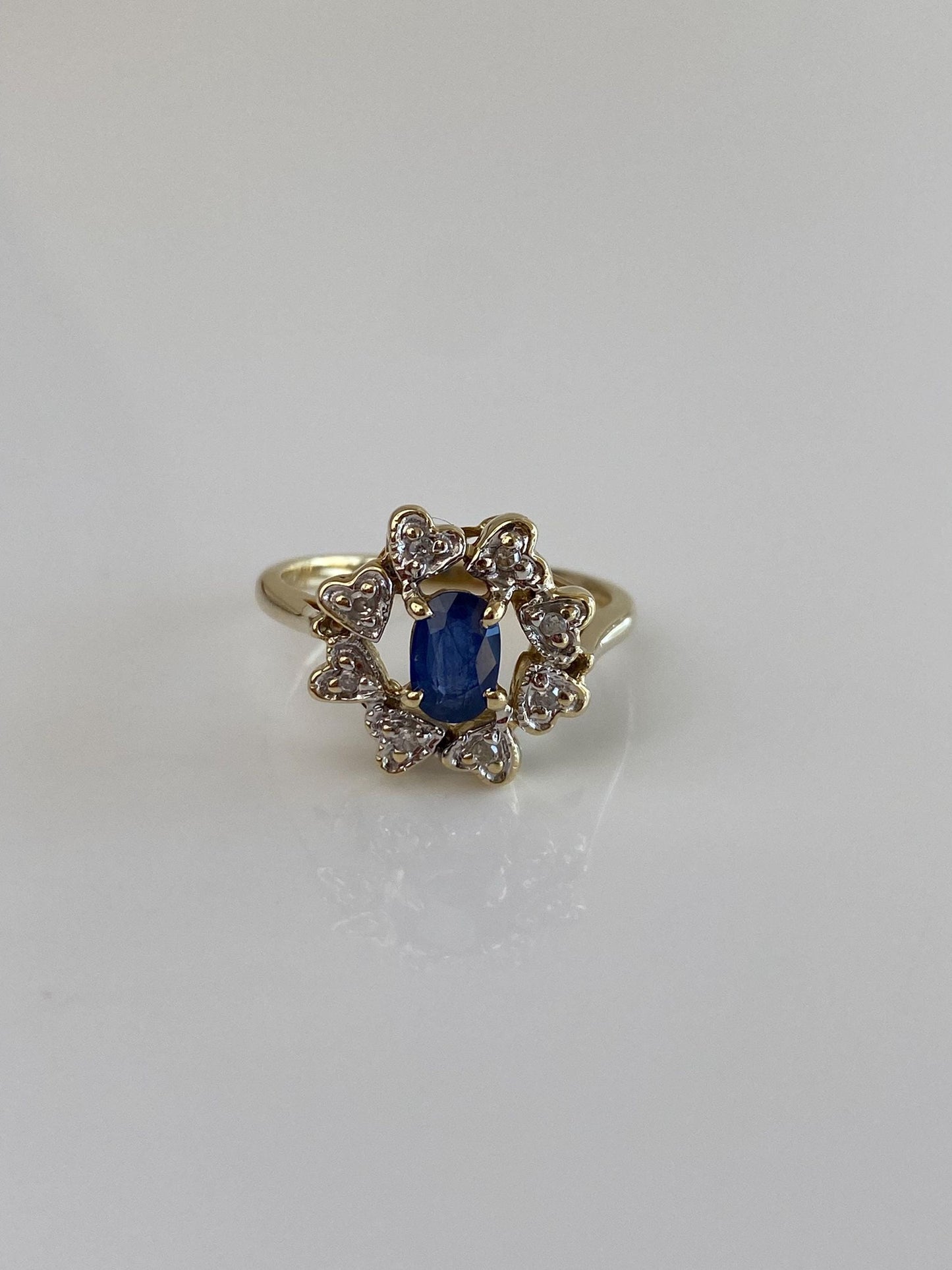 Vintage Solid 14k White & Yellow Gold Diamond Halo Blue Sapphire Ring - Size 6.75