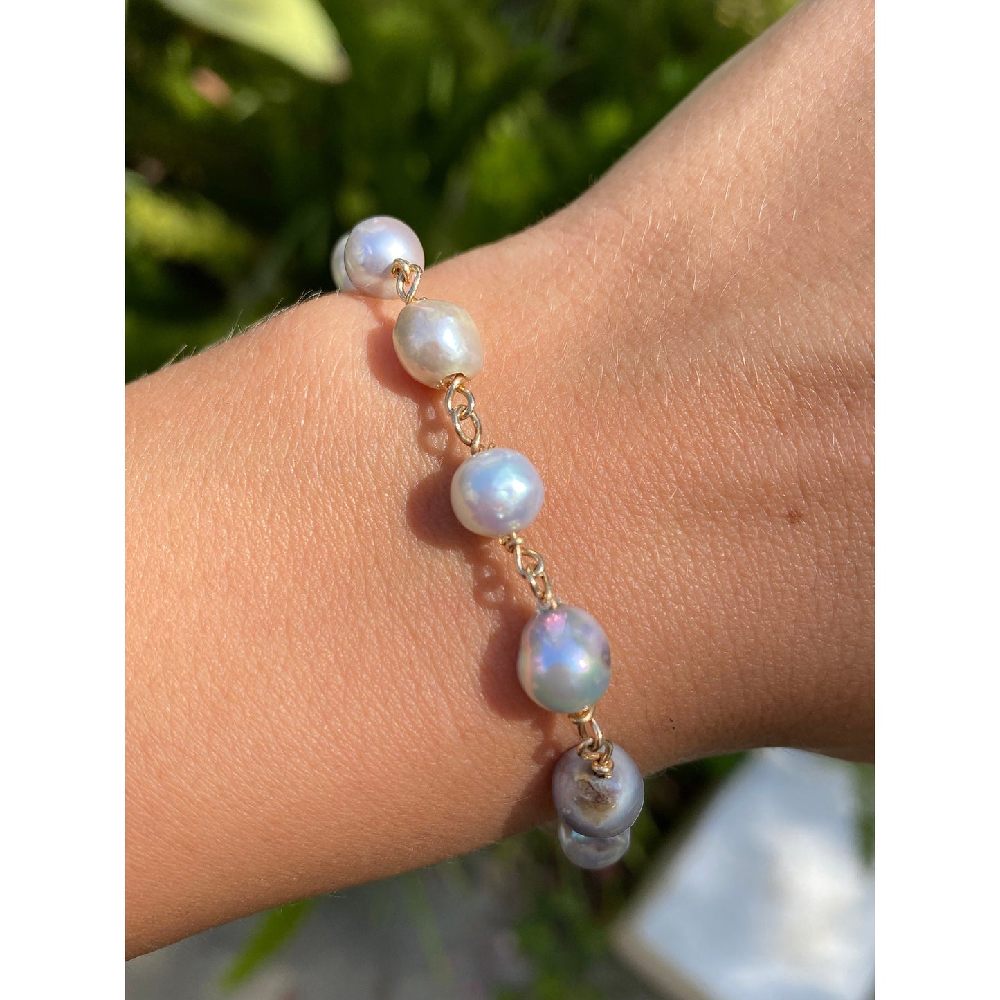 Vintage Solid 14k Yellow Gold Light Blue Pearl Link Bracelet - 7.25 inches