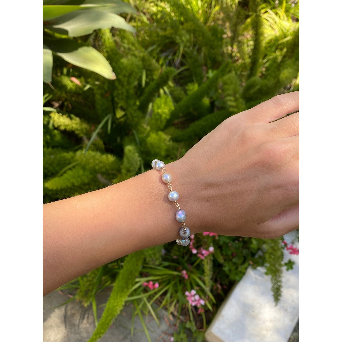 Vintage Solid 14k Yellow Gold Light Blue Pearl Link Bracelet - 7.25 inches