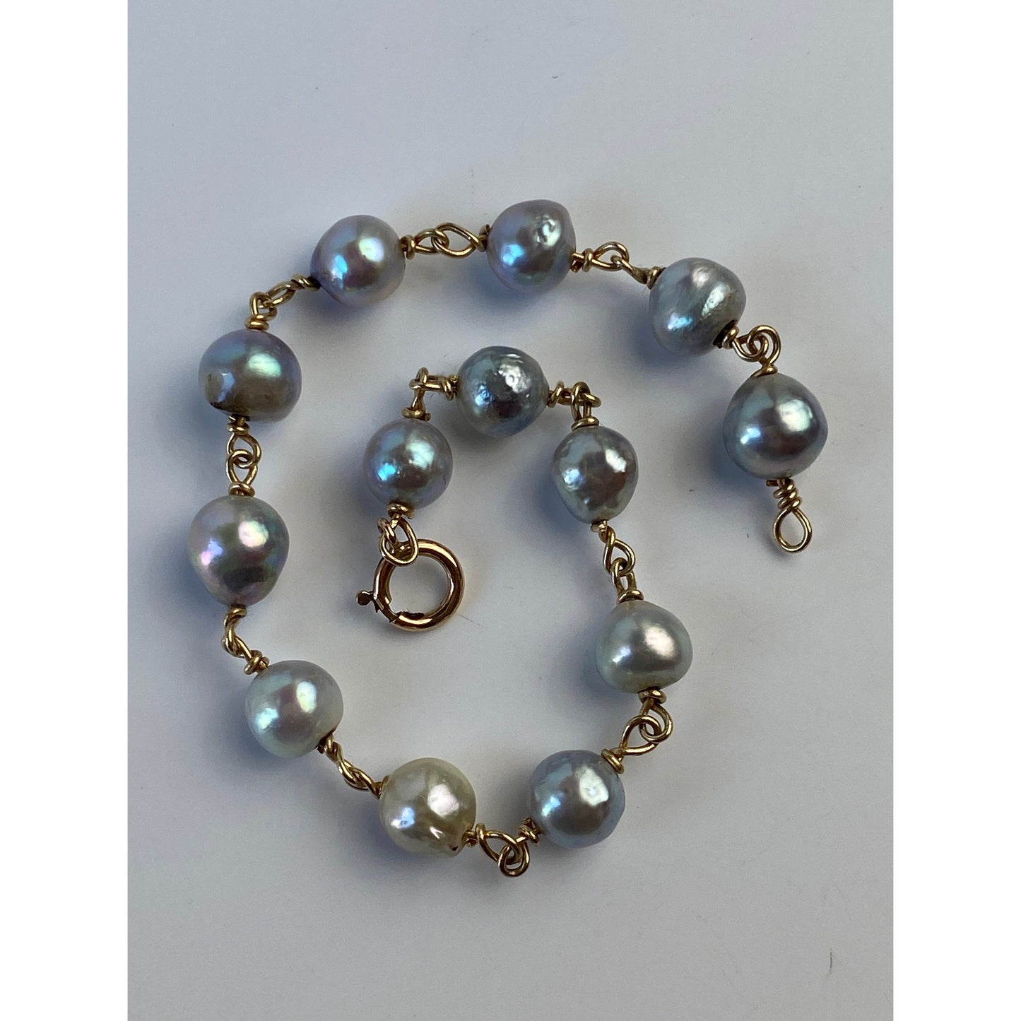 Vintage Solid 14k Yellow Gold Light Blue Pearl Link Bracelet - 7.25 inches