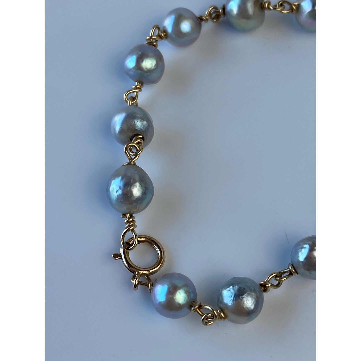 Vintage Solid 14k Yellow Gold Light Blue Pearl Link Bracelet - 7.25 inches