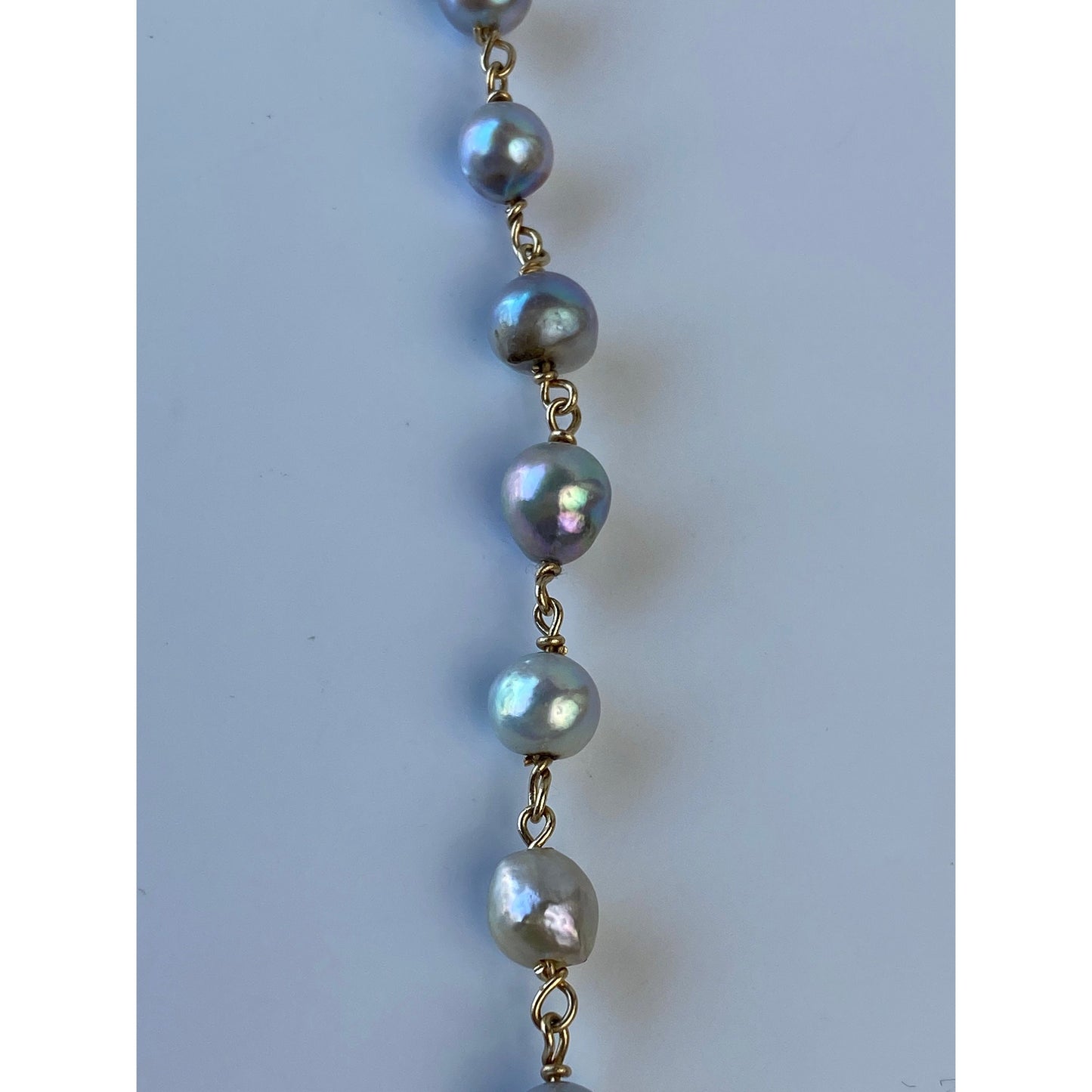 Vintage Solid 14k Yellow Gold Light Blue Pearl Link Bracelet - 7.25 inches