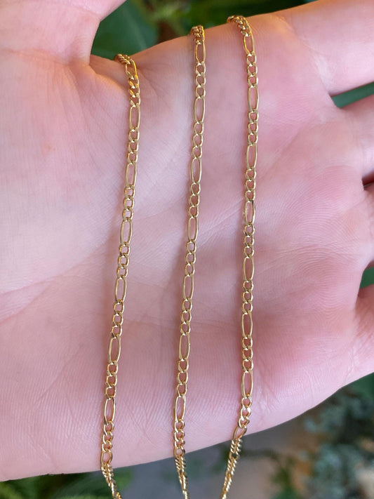 Vintage Solid 14k Yellow Gold Long Dainty Figaro Chain Necklace - 25.25 inches