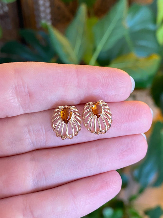 Vintage Solid 14k Yellow Gold Citrine Open Work Stud Earrings