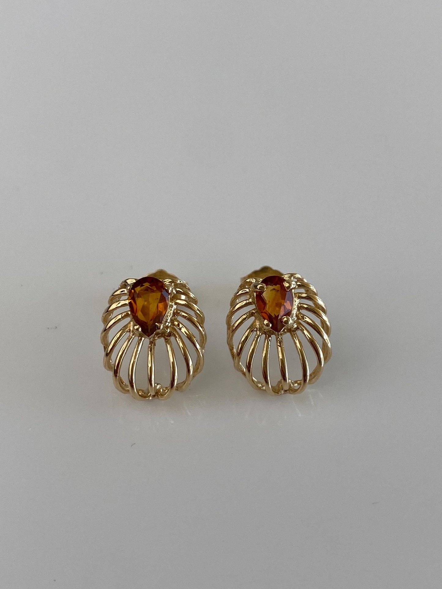 Vintage Solid 14k Yellow Gold Citrine Open Work Stud Earrings