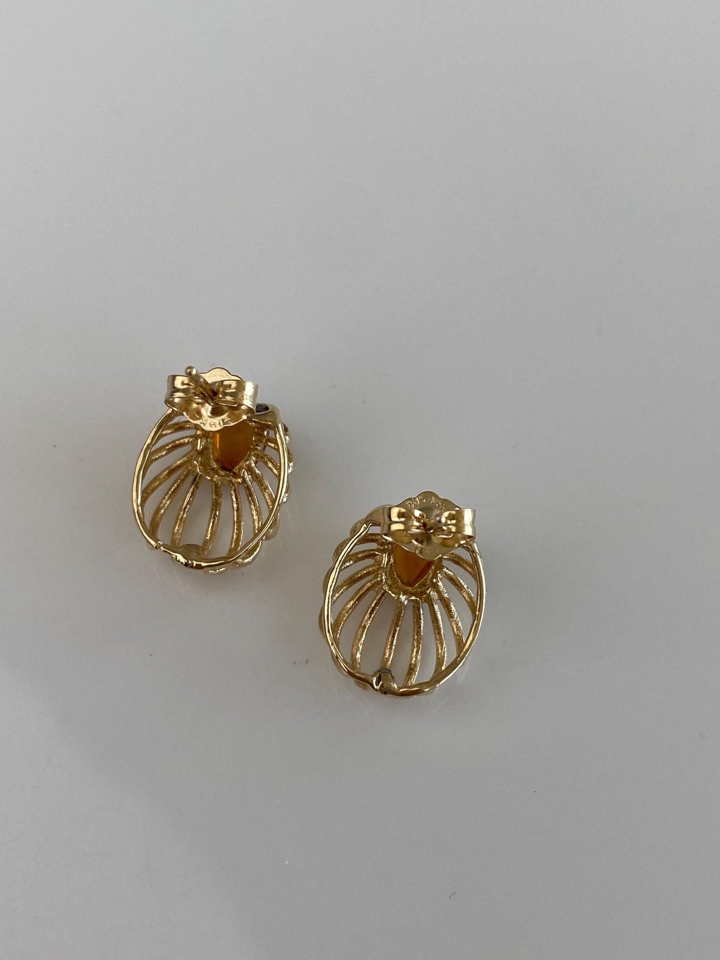 Vintage Solid 14k Yellow Gold Citrine Open Work Stud Earrings