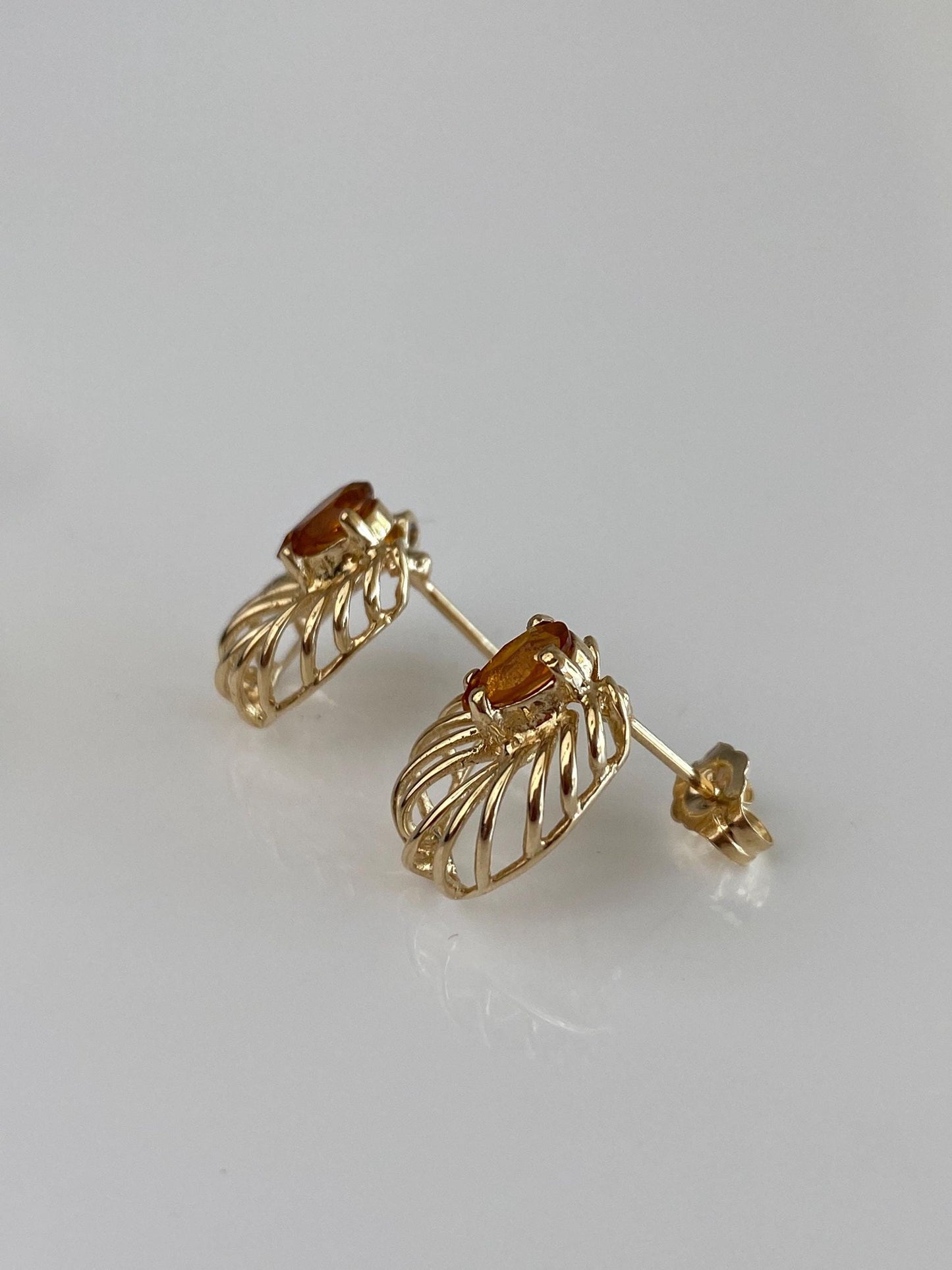Vintage Solid 14k Yellow Gold Citrine Open Work Stud Earrings