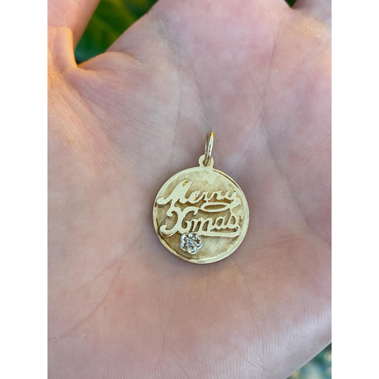 Vintage Solid 14k Yellow Gold Clear Spinel Merry Christmas Charm