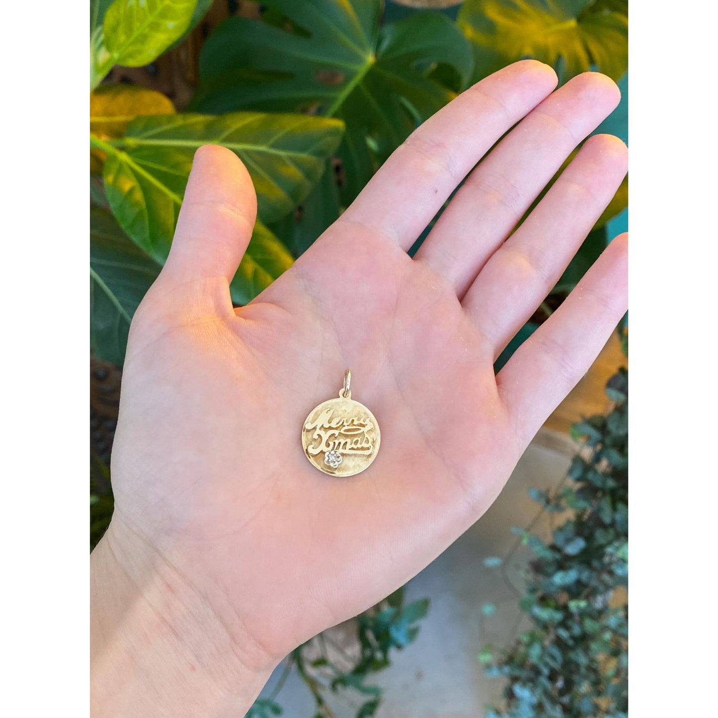 Vintage Solid 14k Yellow Gold Clear Spinel Merry Christmas Charm