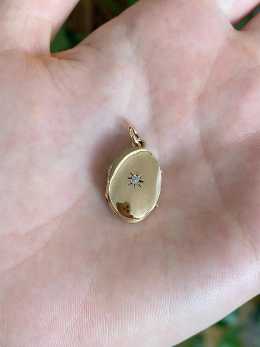 Vintage Solid 10k Rosey Gold Star Set Diamond Locket Charm