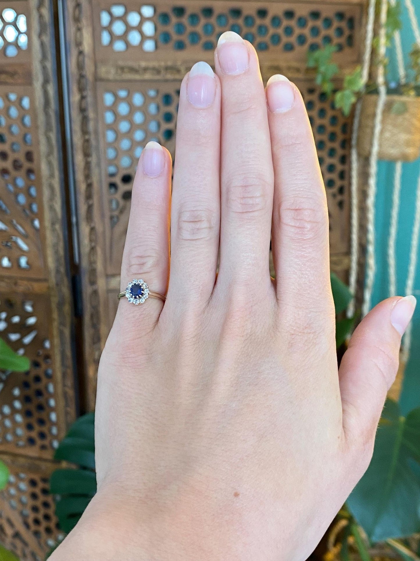 Solid 14k Yellow Gold Diamond Halo Blue Sapphire Ring - Size 3.25