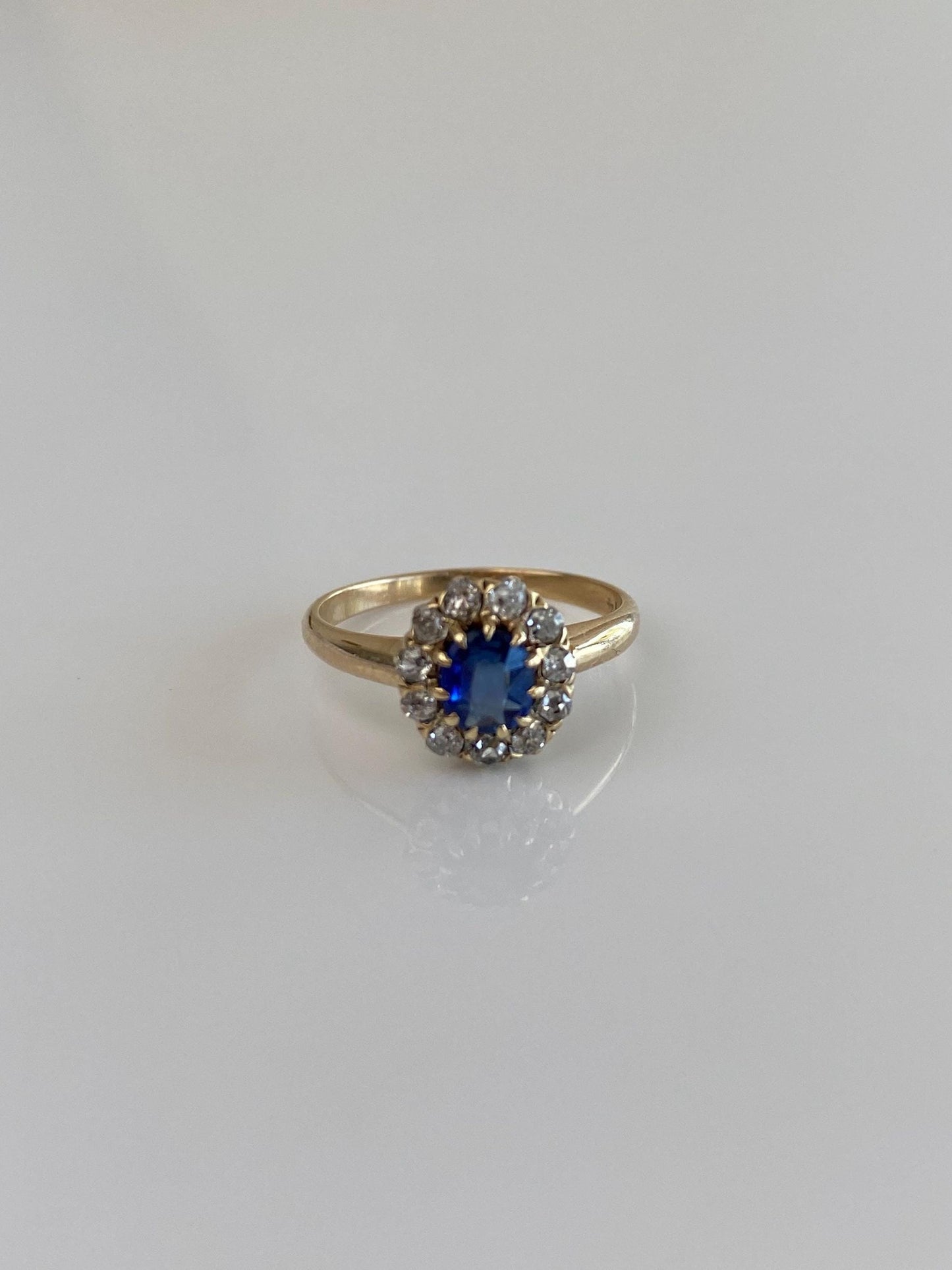 Solid 14k Yellow Gold Diamond Halo Blue Sapphire Ring - Size 3.25