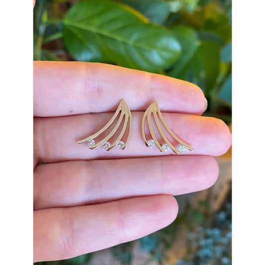 Vintage Solid 14k Yellow Gold Diamond Fan Stud Earrings