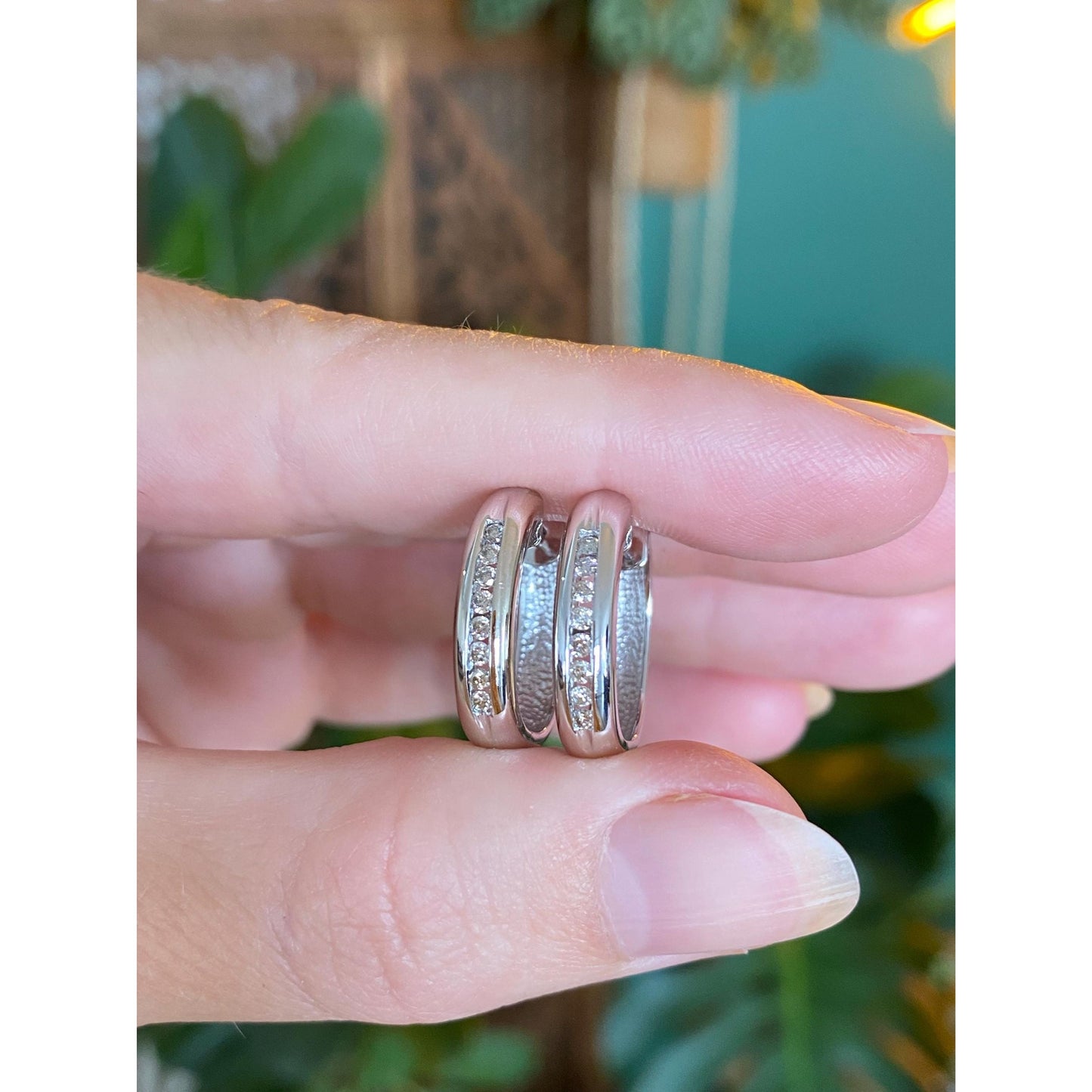 Vintage Solid 14k White Gold Diamond Hoop Earrings