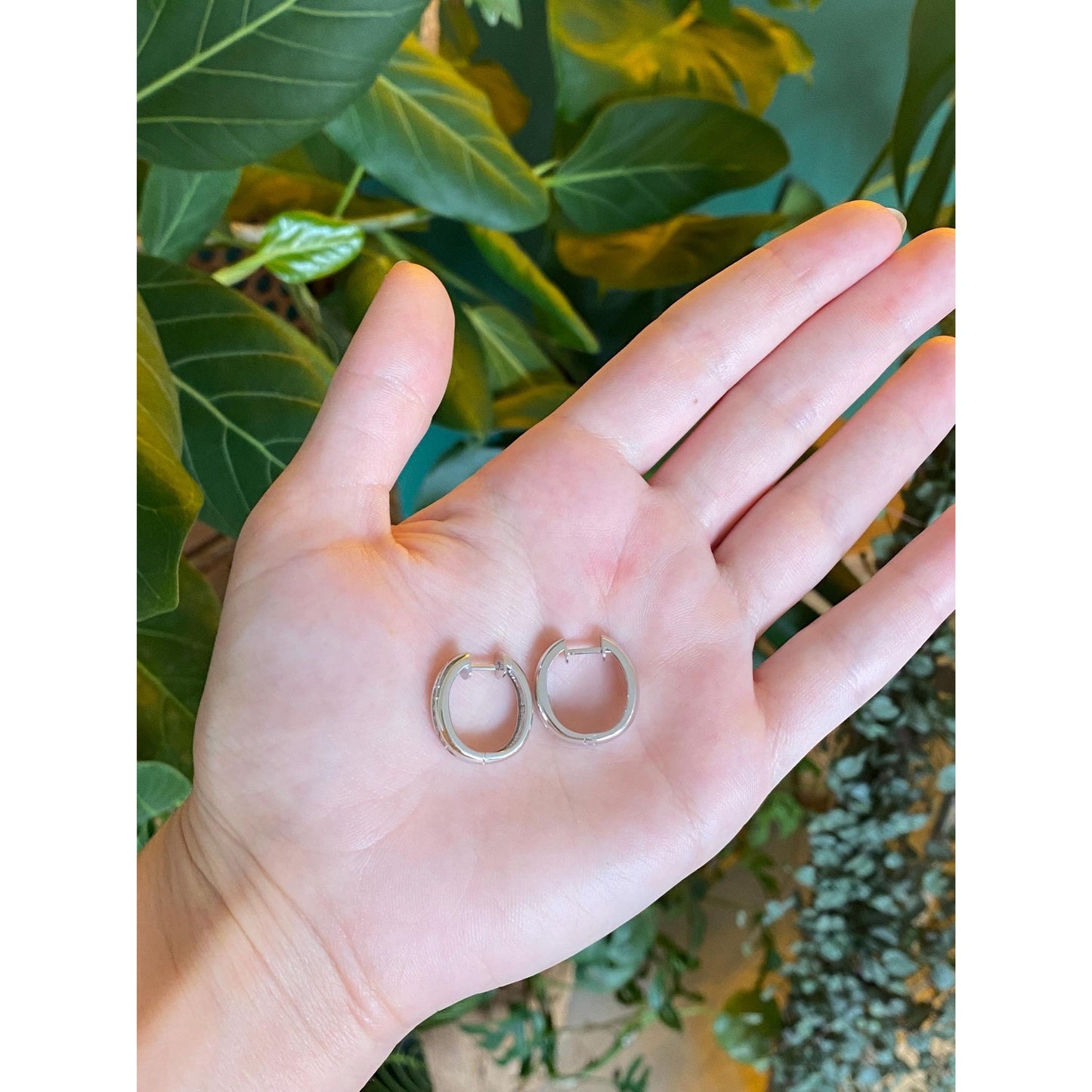 Vintage Solid 14k White Gold Diamond Hoop Earrings