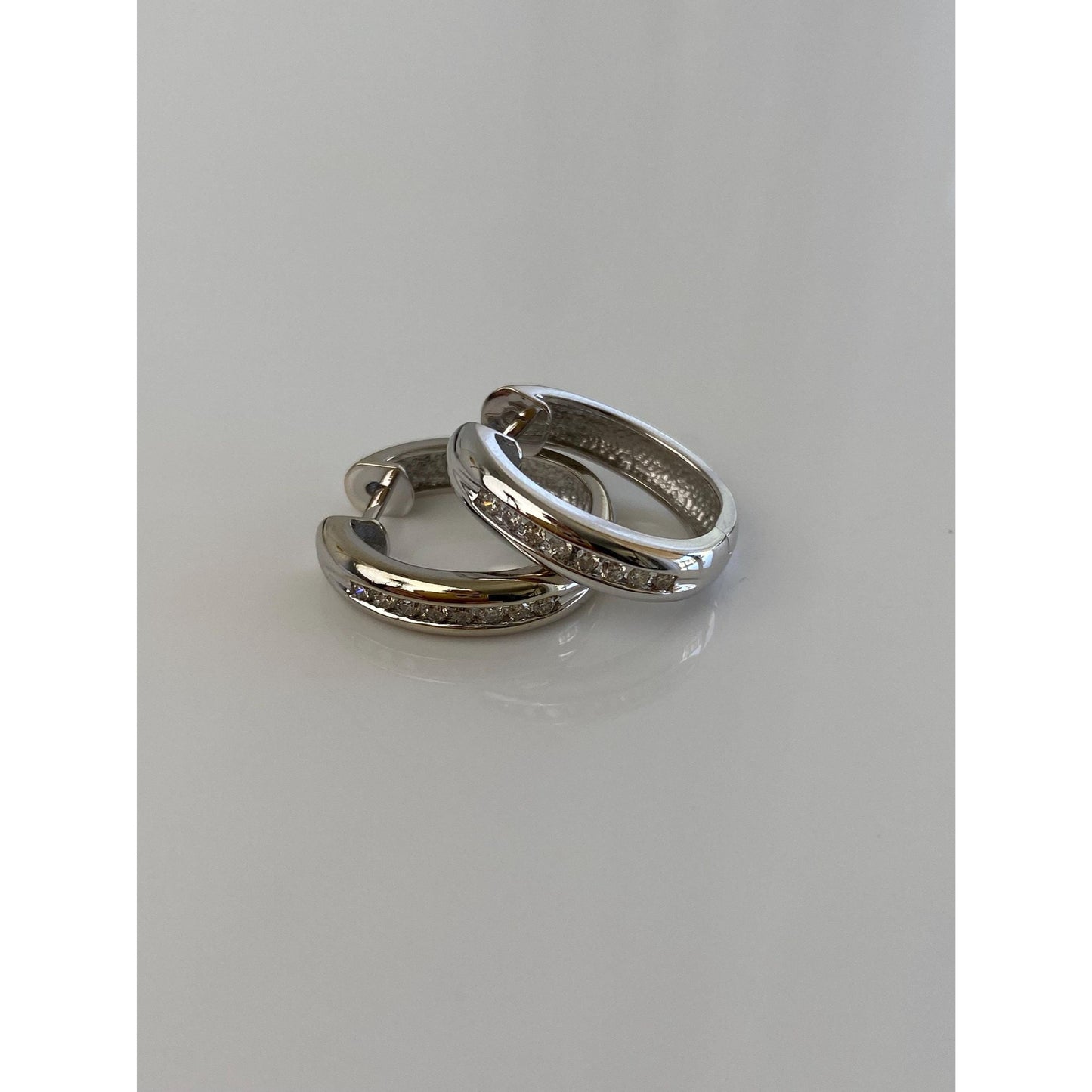 Vintage Solid 14k White Gold Diamond Hoop Earrings