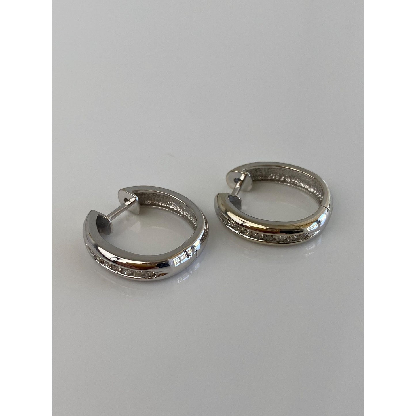 Vintage Solid 14k White Gold Diamond Hoop Earrings