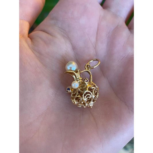 Vintage Solid 14k Yellow Gold Pearl & Sapphire Pitcher Charm