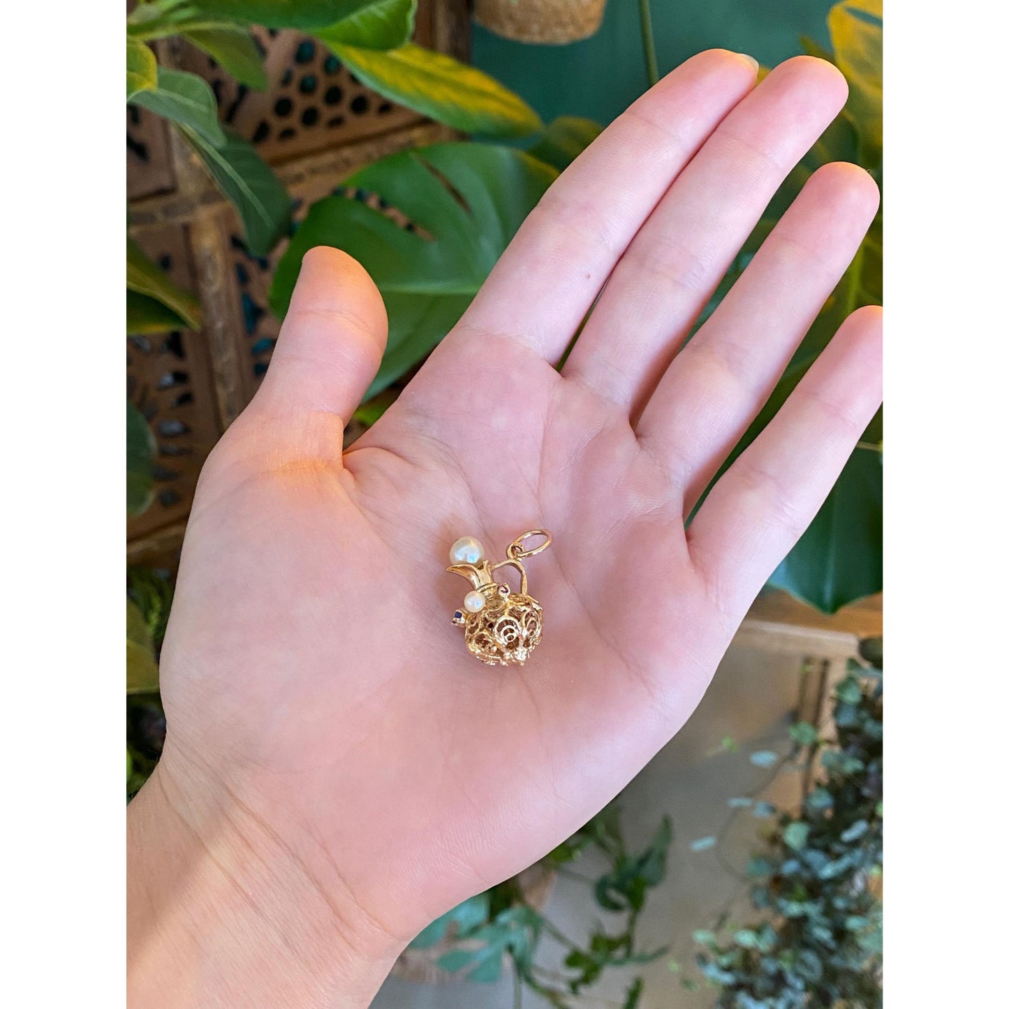 Vintage Solid 14k Yellow Gold Pearl & Sapphire Pitcher Charm