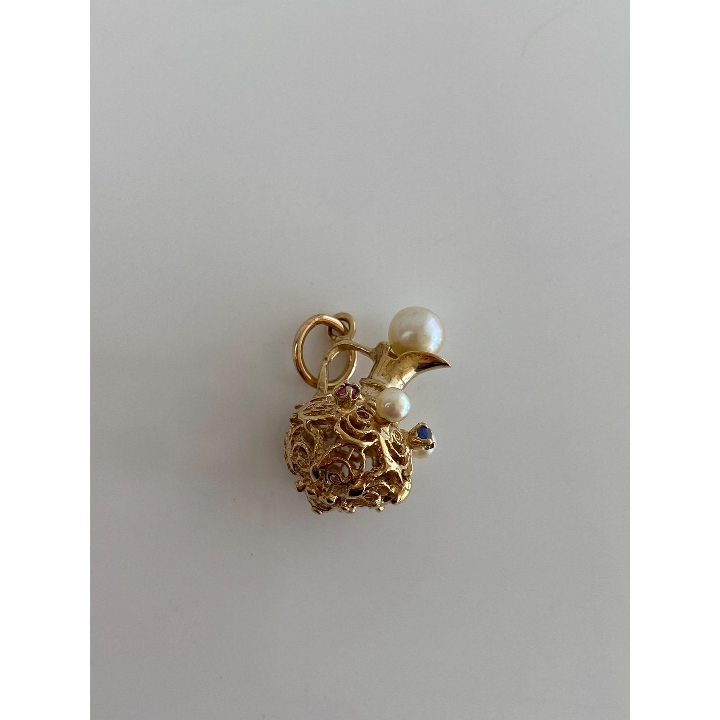 Vintage Solid 14k Yellow Gold Pearl & Sapphire Pitcher Charm