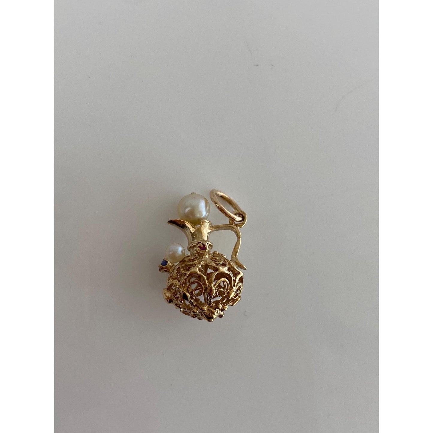 Vintage Solid 14k Yellow Gold Pearl & Sapphire Pitcher Charm