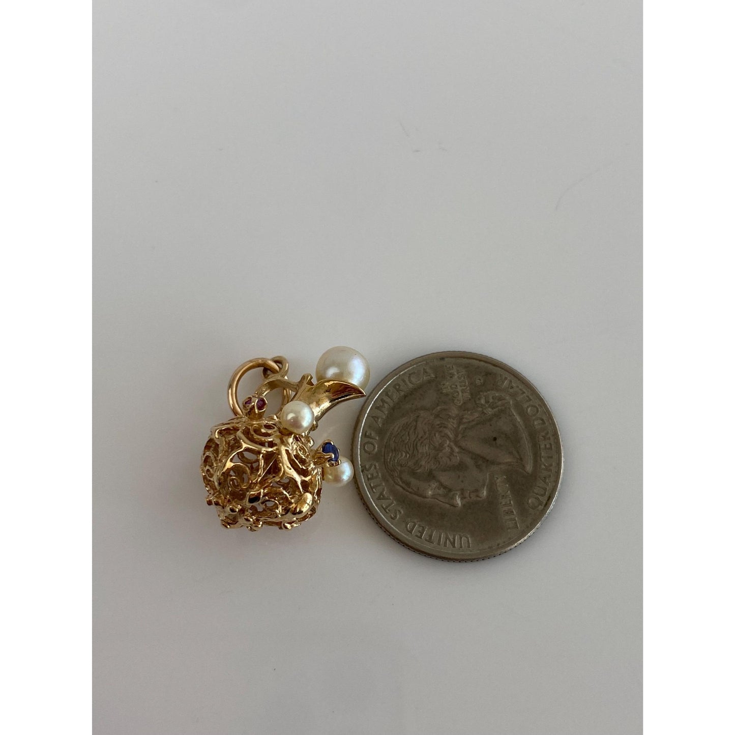 Vintage Solid 14k Yellow Gold Pearl & Sapphire Pitcher Charm