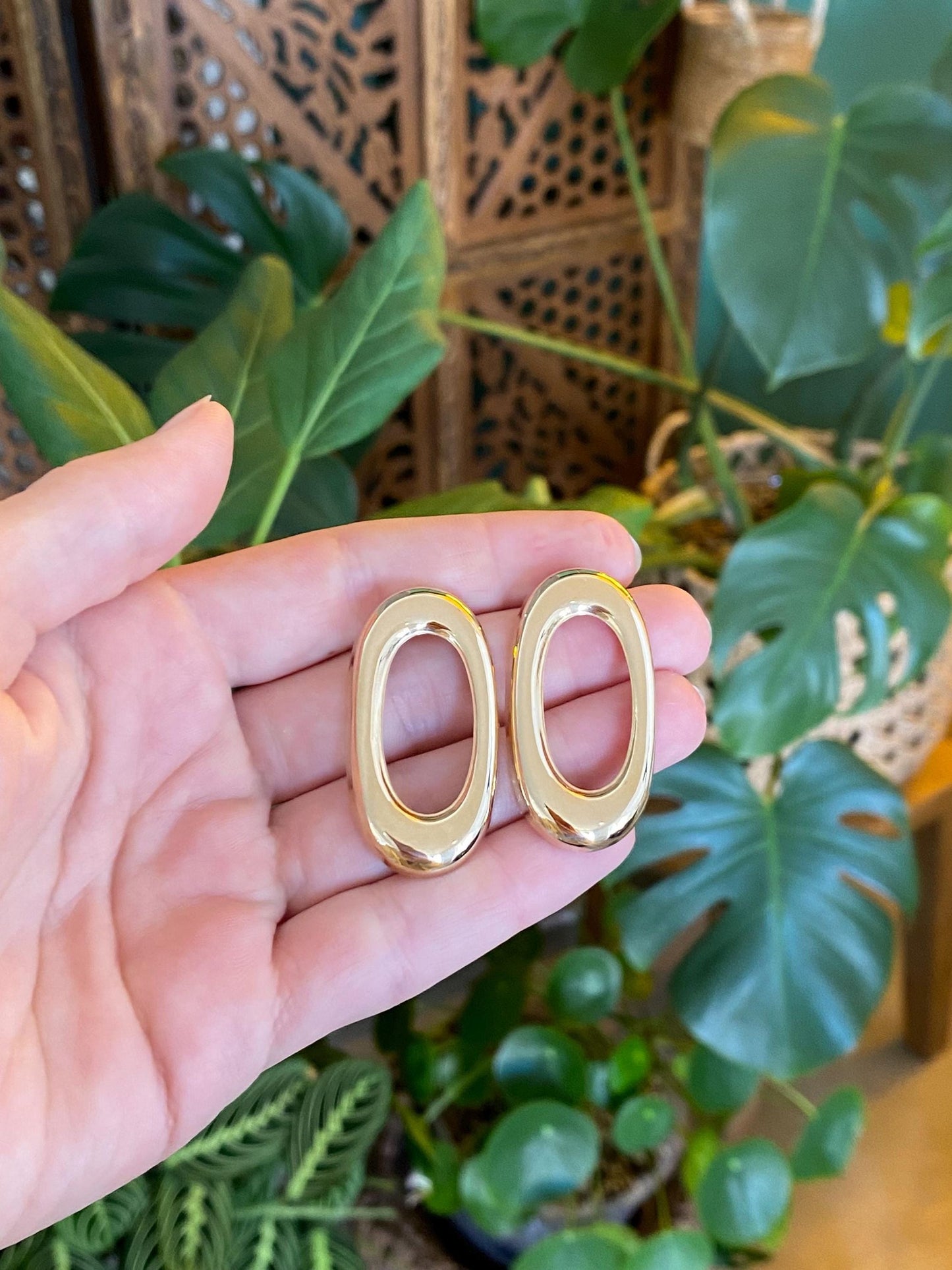 Solid 14k Yellow Gold Open Oval Drop Earrings