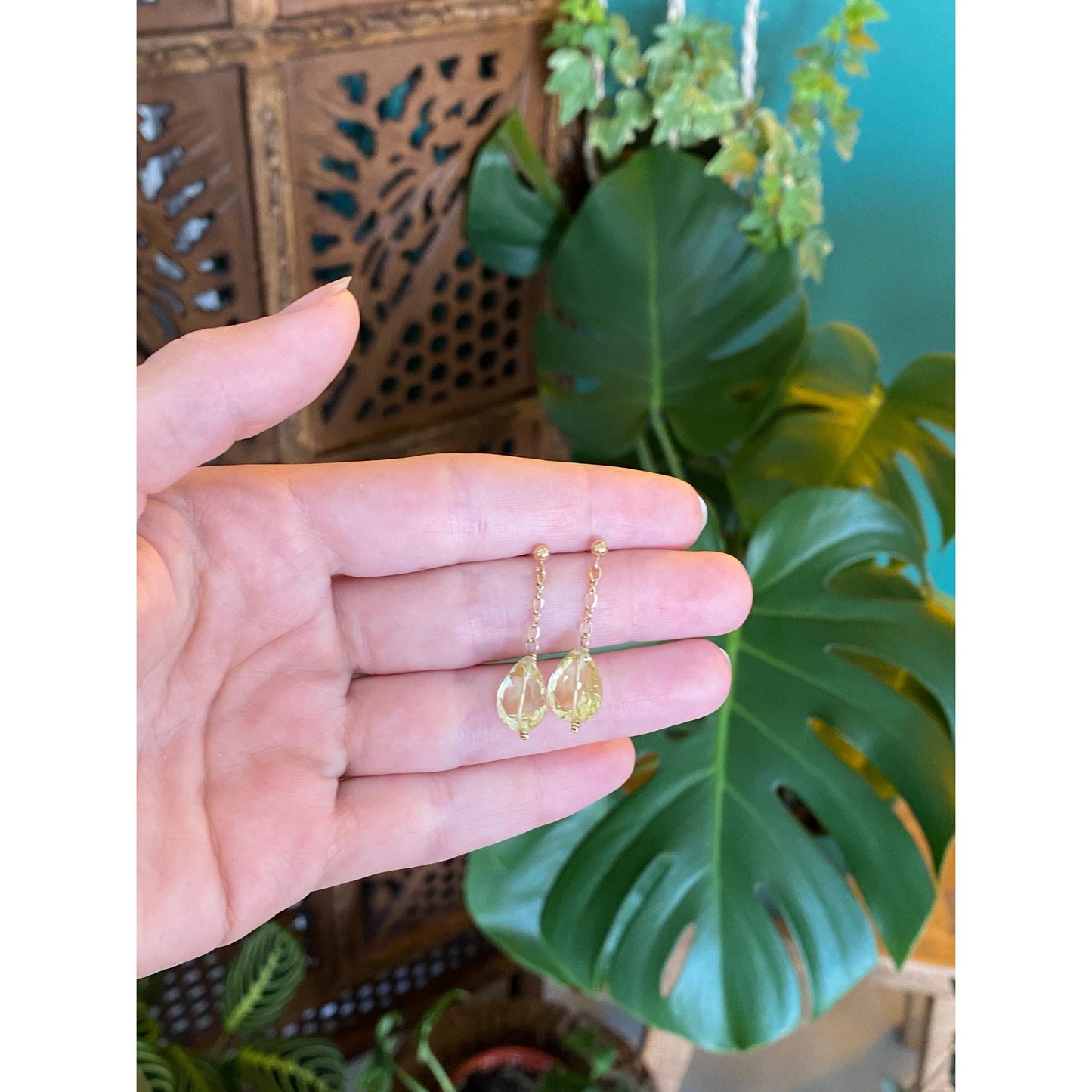 Solid 14k Lemon Quartz Drop Dangle Earrings