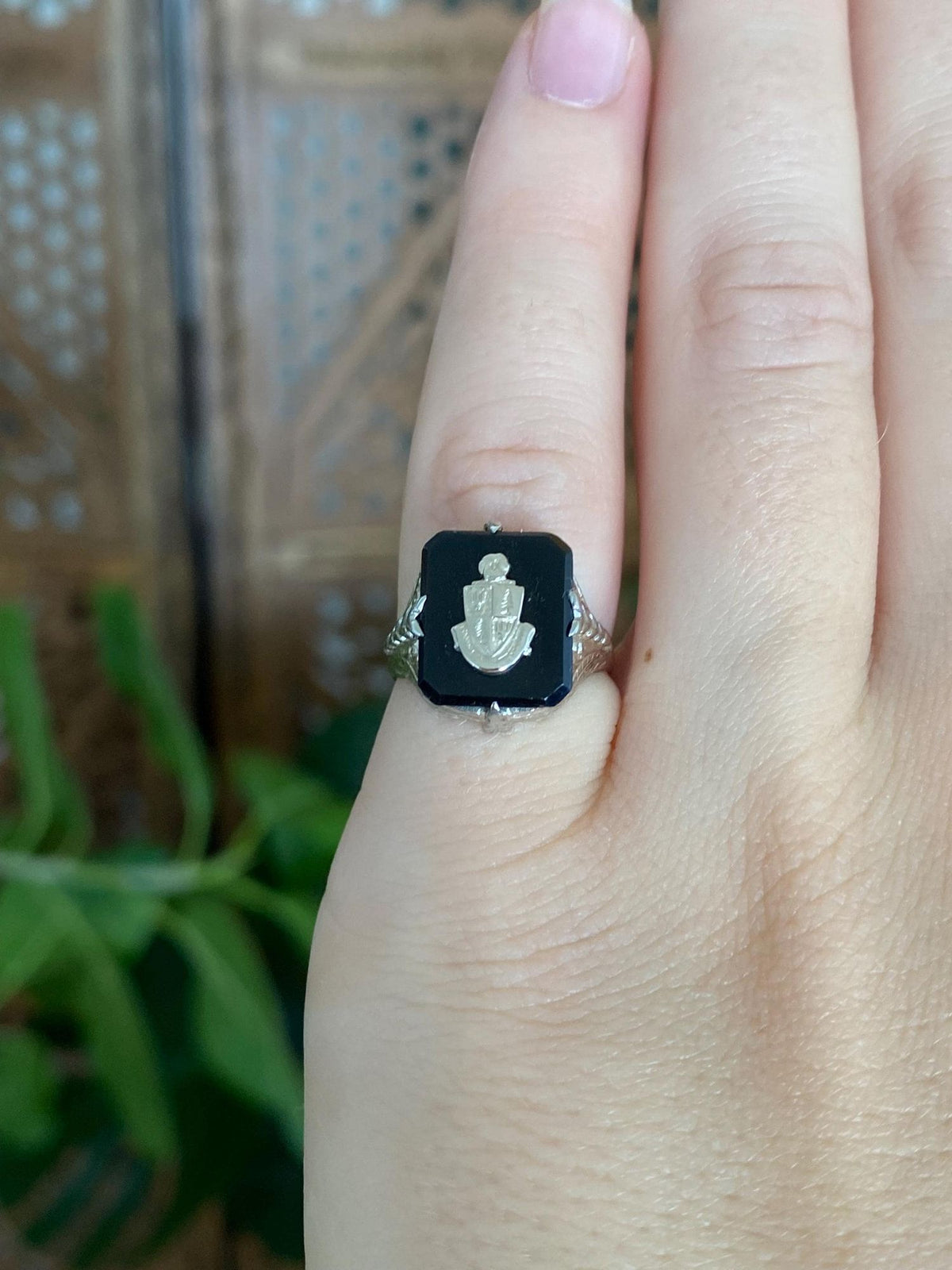 Vintage Solid 14k White Gold Black Onyx Art Deco Style Ring - Size 4