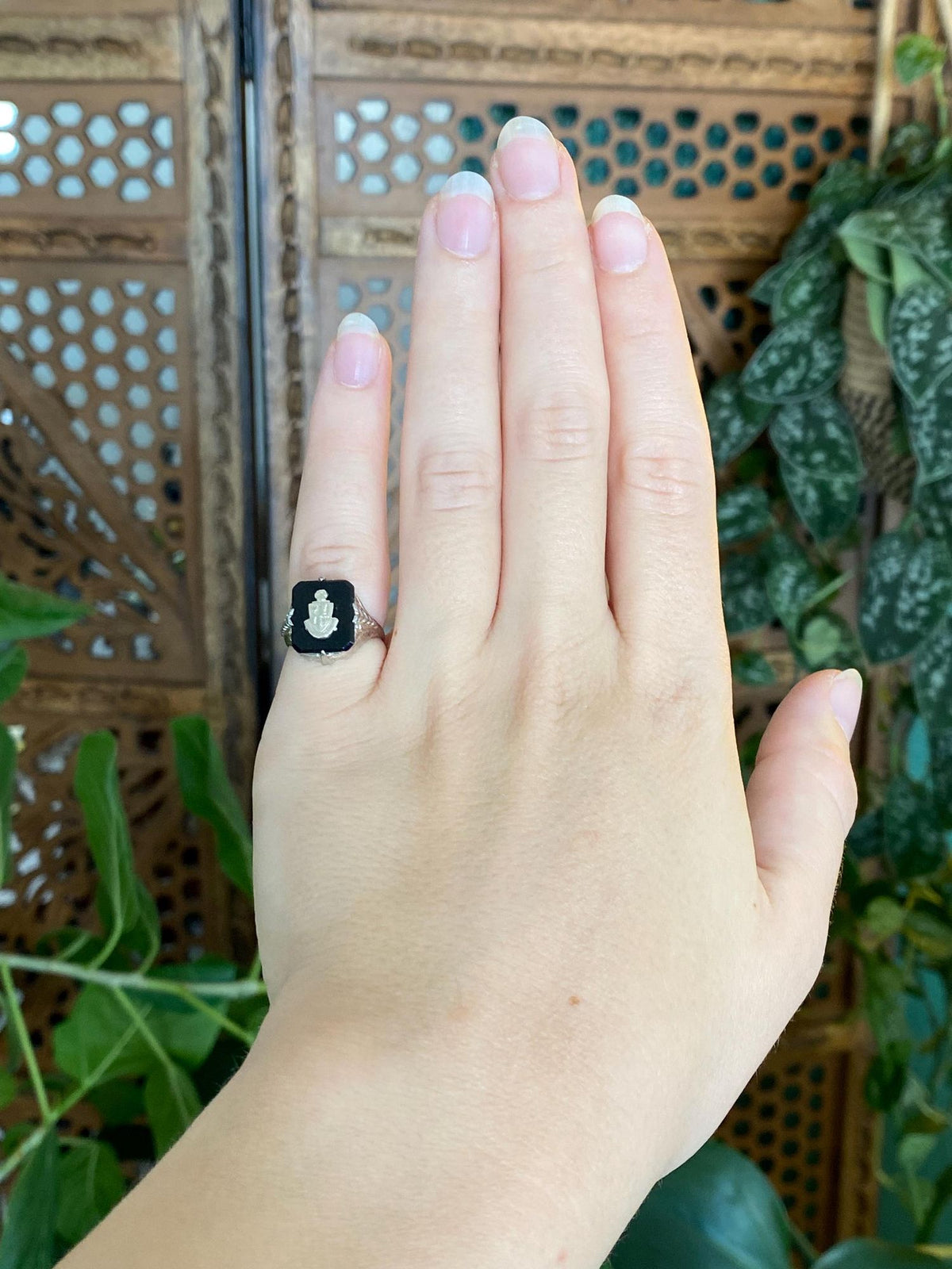 Vintage Solid 14k White Gold Black Onyx Art Deco Style Ring - Size 4