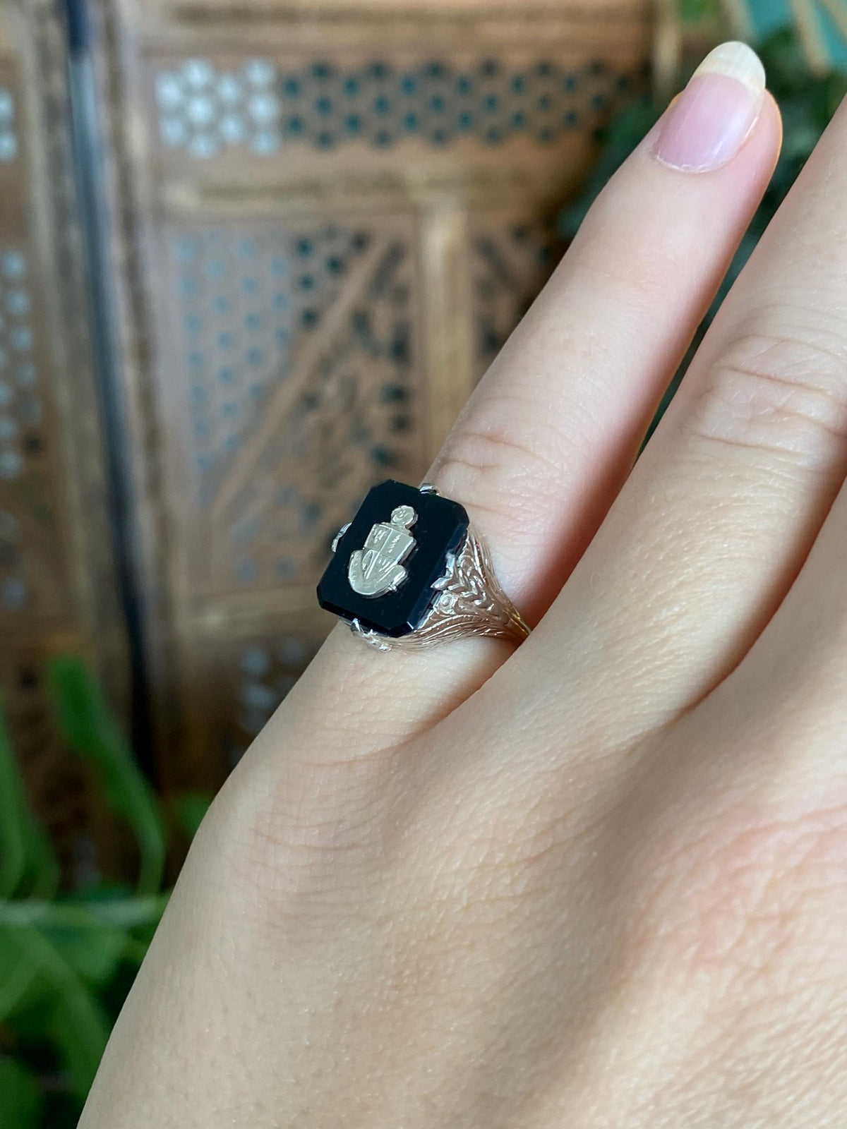 Vintage Solid 14k White Gold Black Onyx Art Deco Style Ring - Size 4
