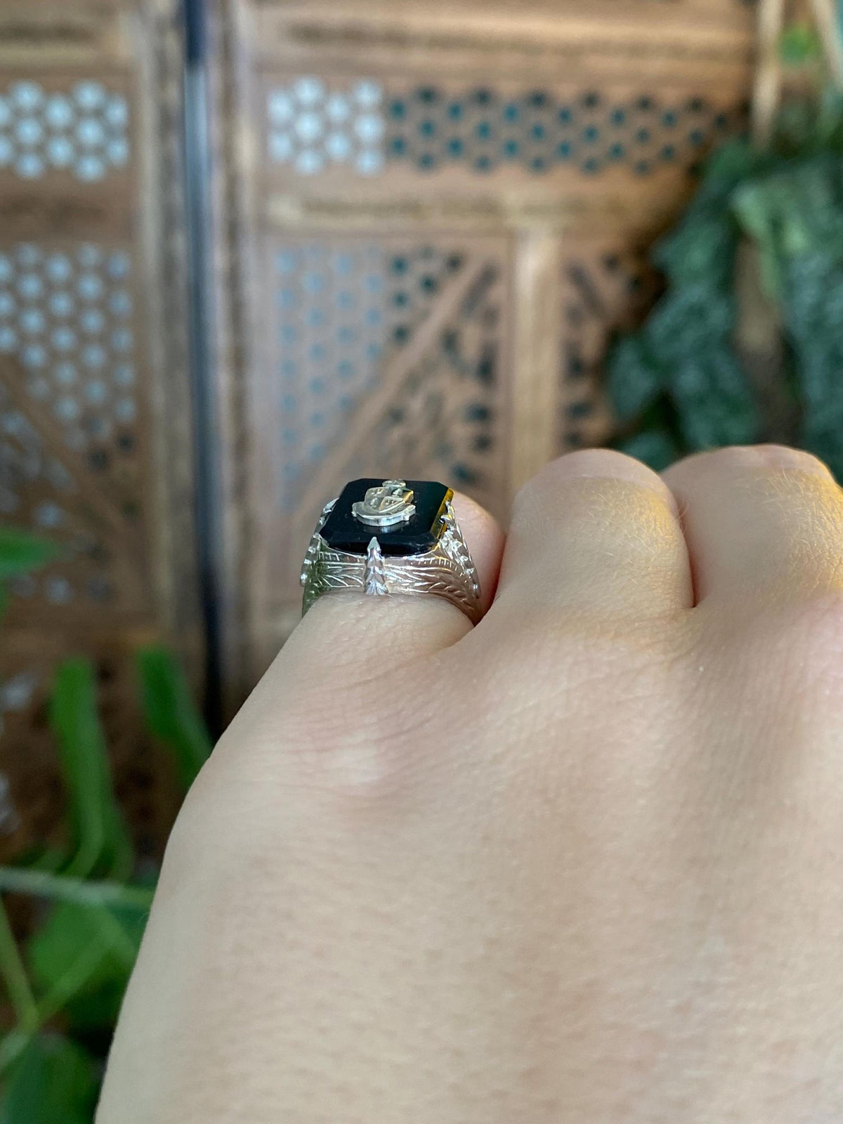 Vintage Solid 14k White Gold Black Onyx Art Deco Style Ring - Size 4